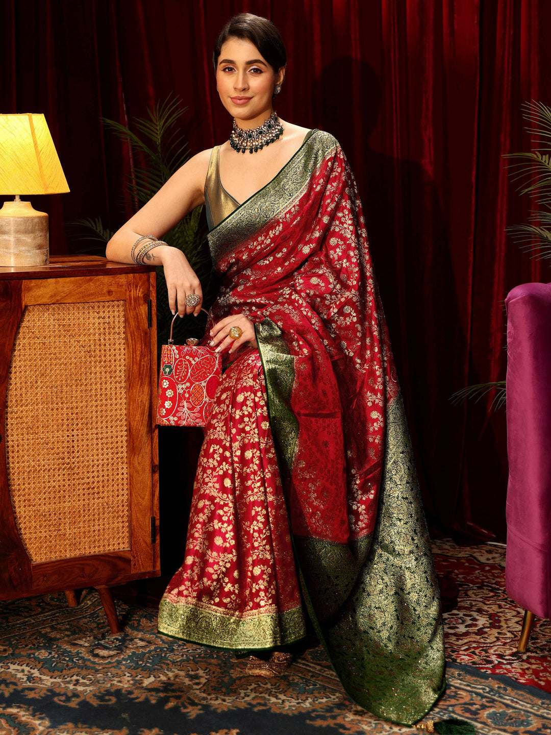 Libas Red Woven Design Stone Embellished Satin Saree