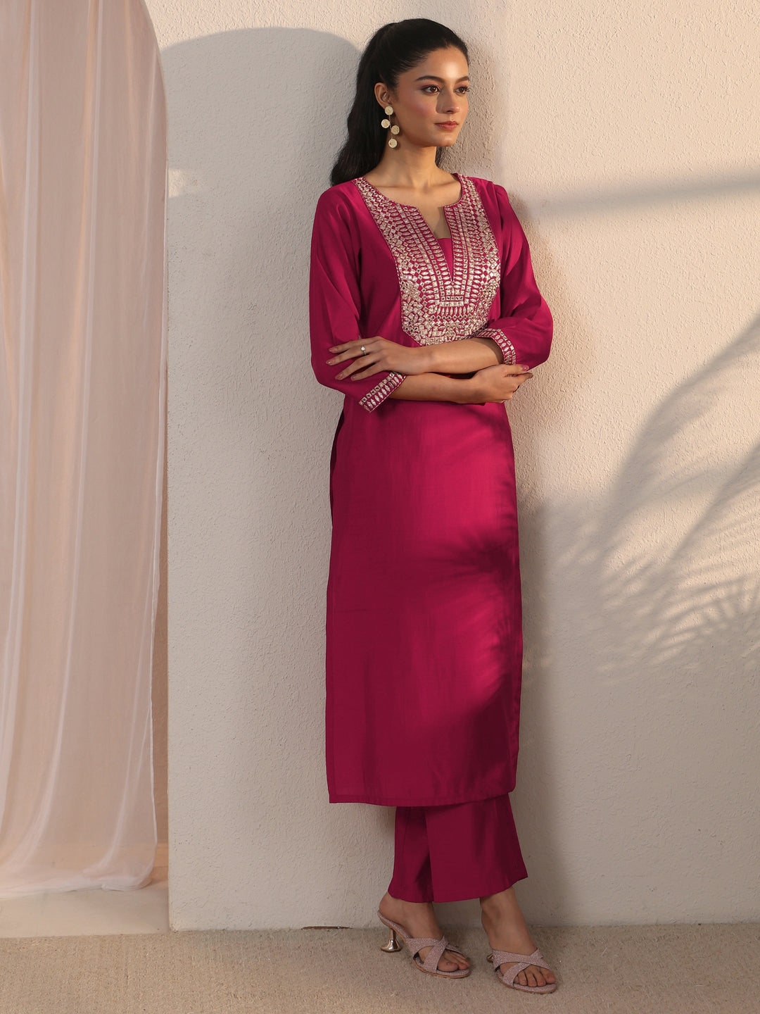  Libas Red Yoke Design Silk Blend Straight Kurta Set 