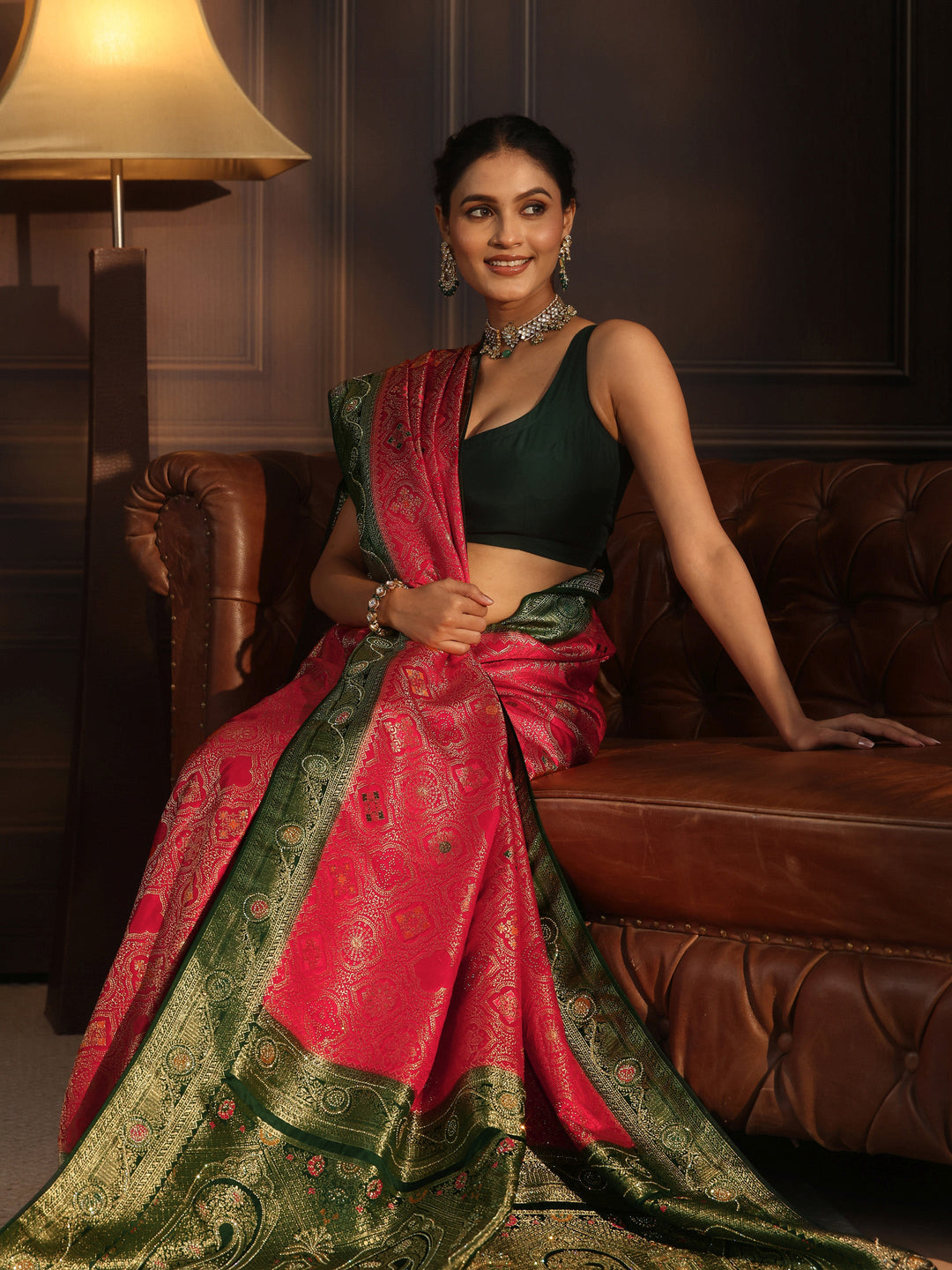 Libas Red and Green Woven Design Silk Blend Saree