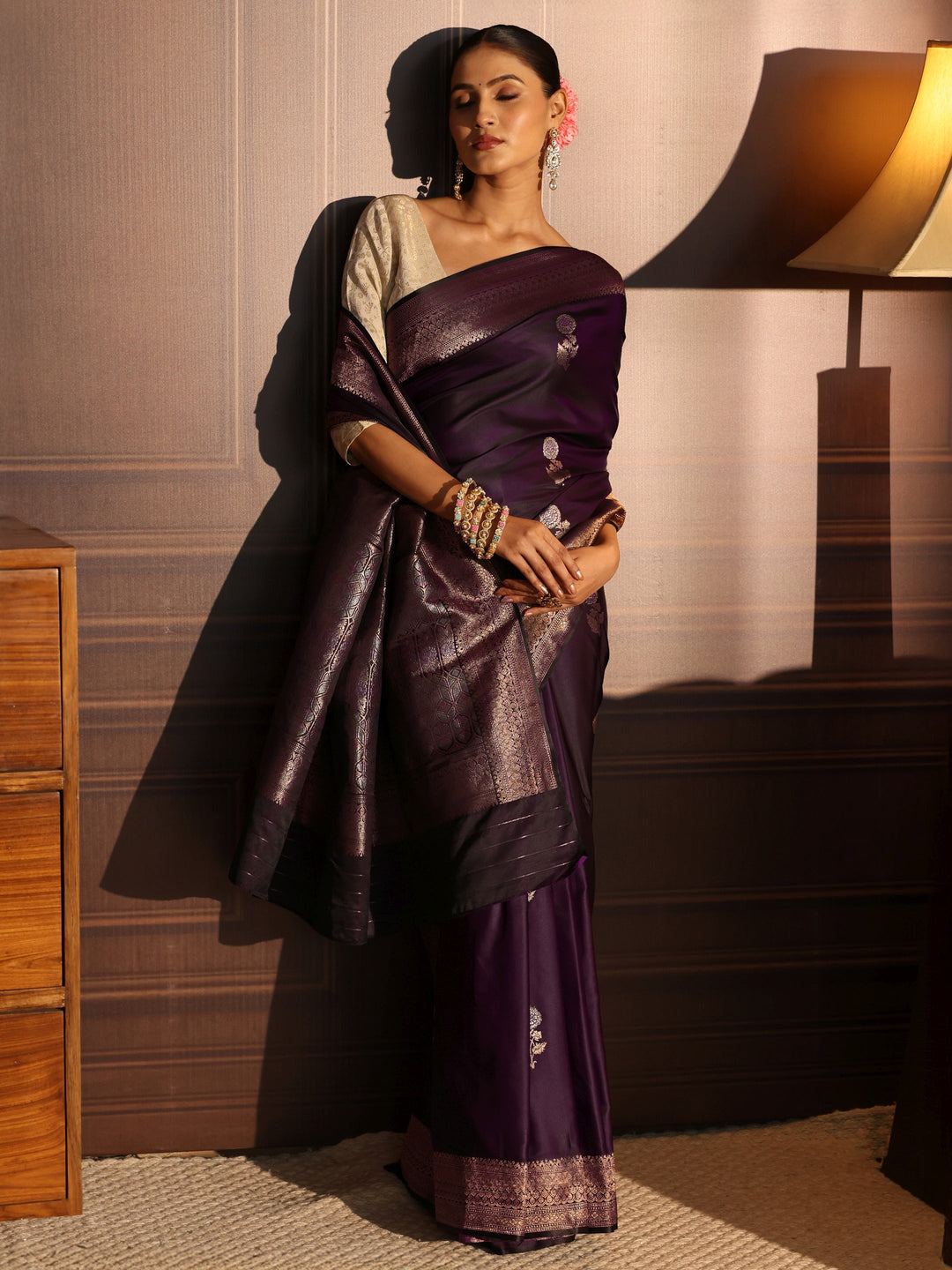 Libas Regal Purple Floral Woven Design Satin Saree