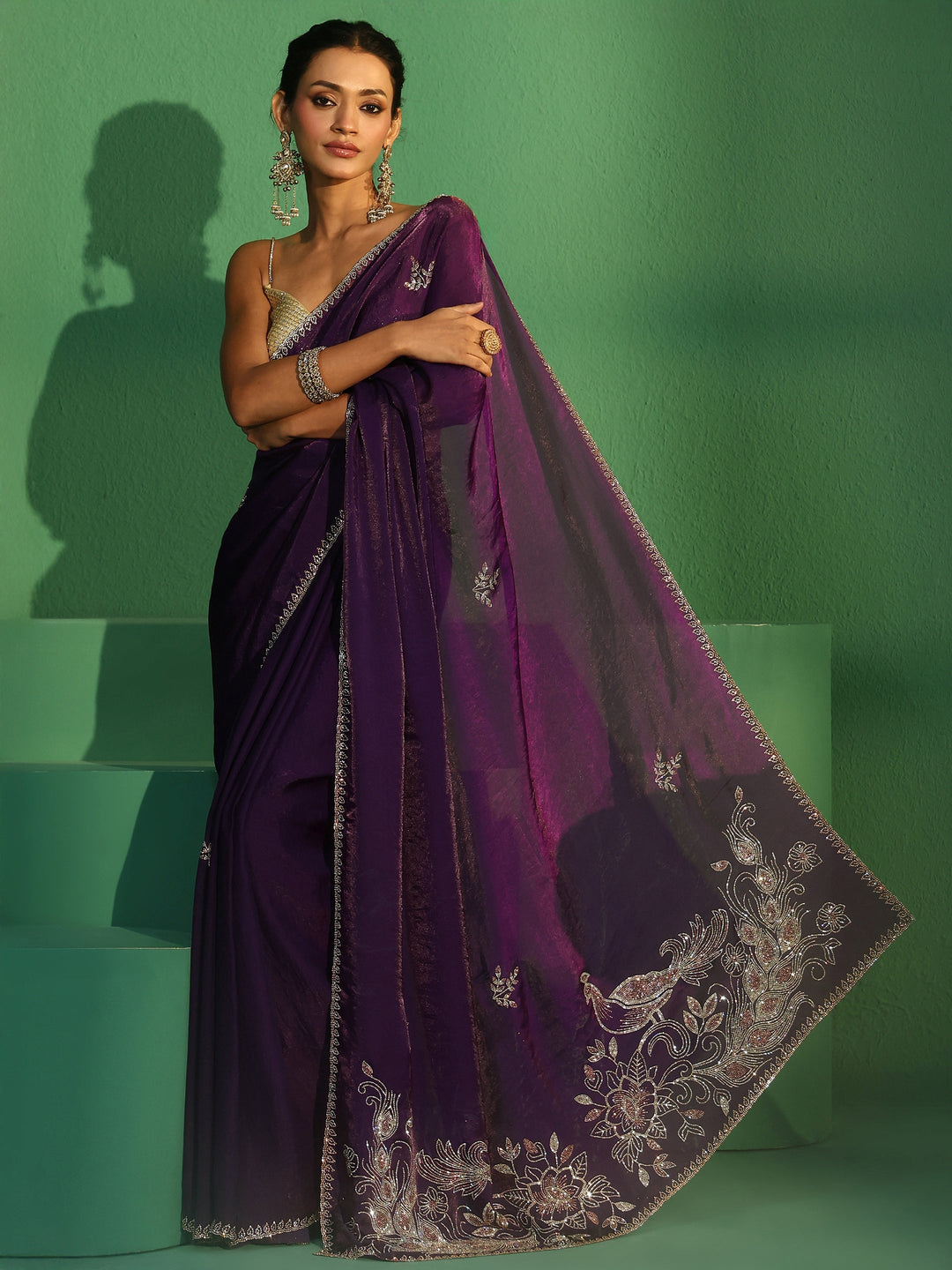  Libas Regal Purple Tissue Saree with Embellished Pallu 