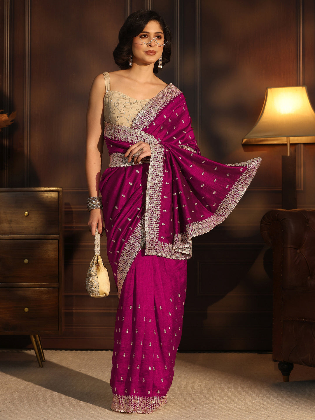 Libas Rose Pink Embellished Silk Blend Saree