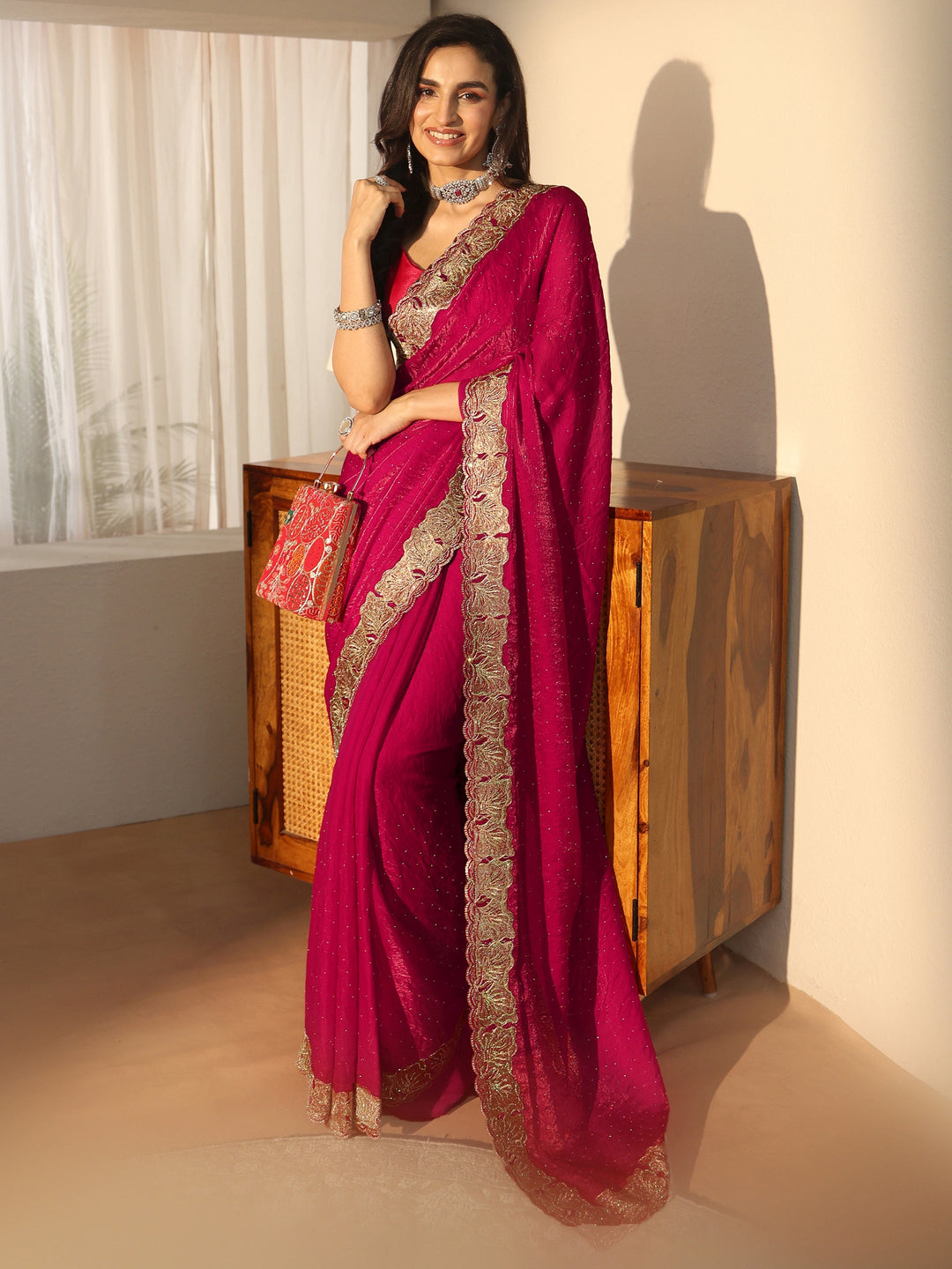  Libas Rose Pink Embellished Tissue saree 