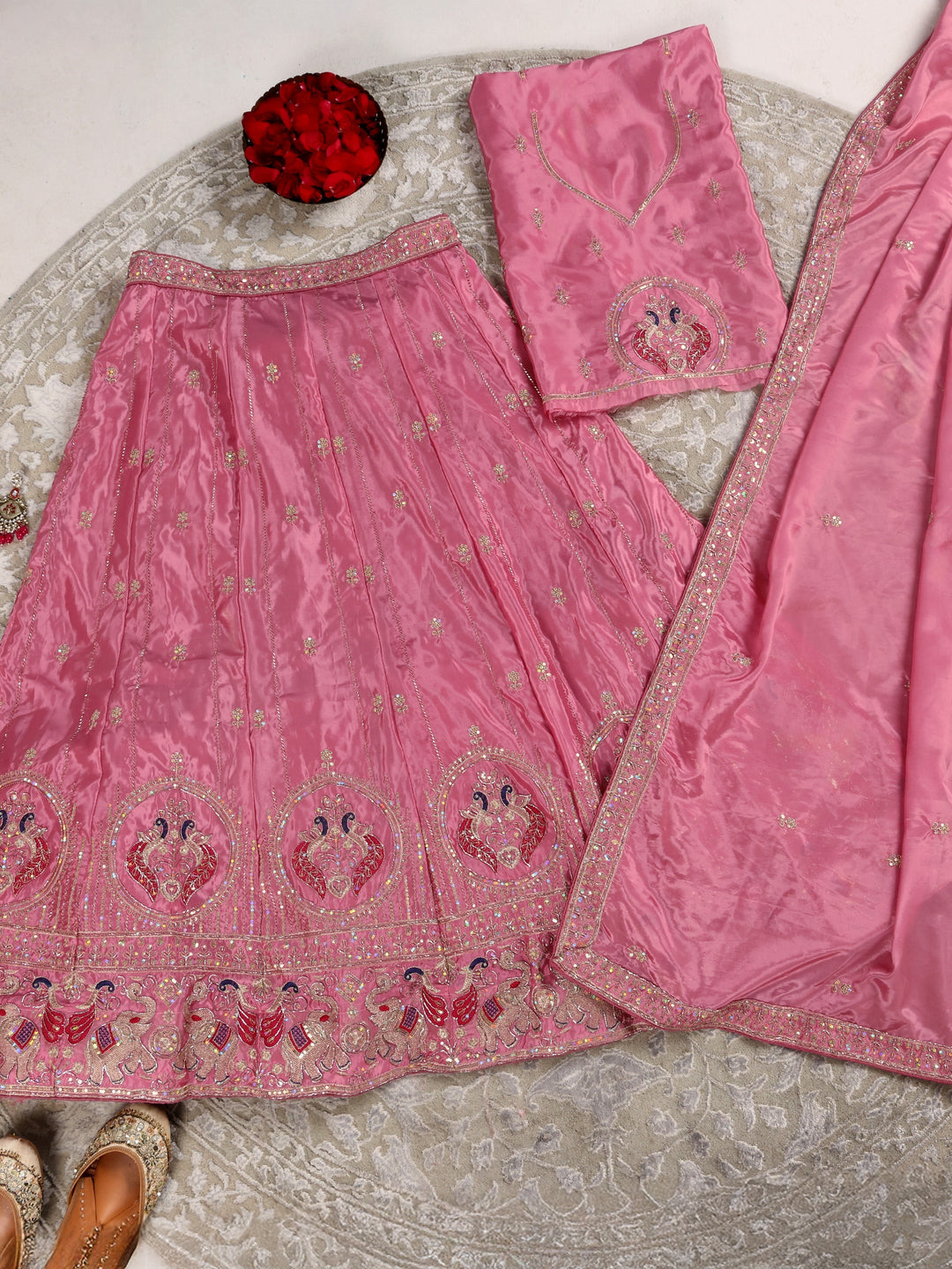 Libas Rose Pink Embroidered Satin Semi-Stitched Lehenga Choli