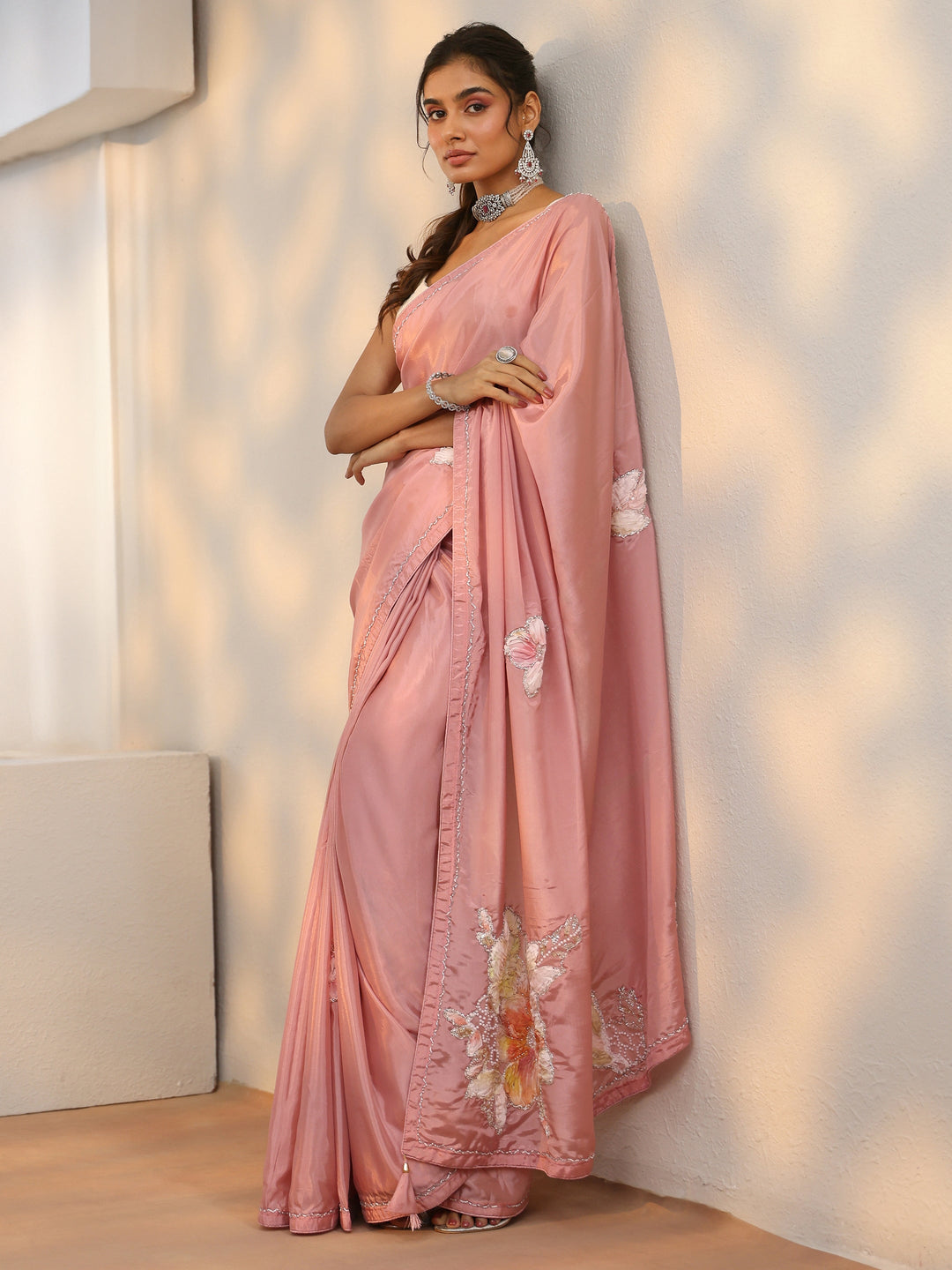  Libas Rose Pink Floral Applique Design Satin Saree 