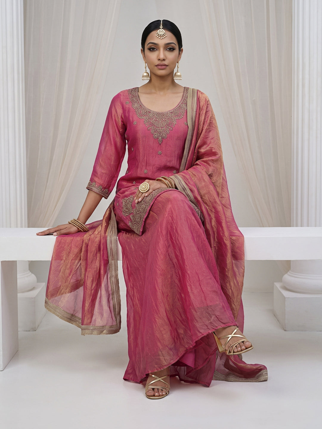 Libas Rose Pink Floral Embellished Tissue Palazzo Suit Set