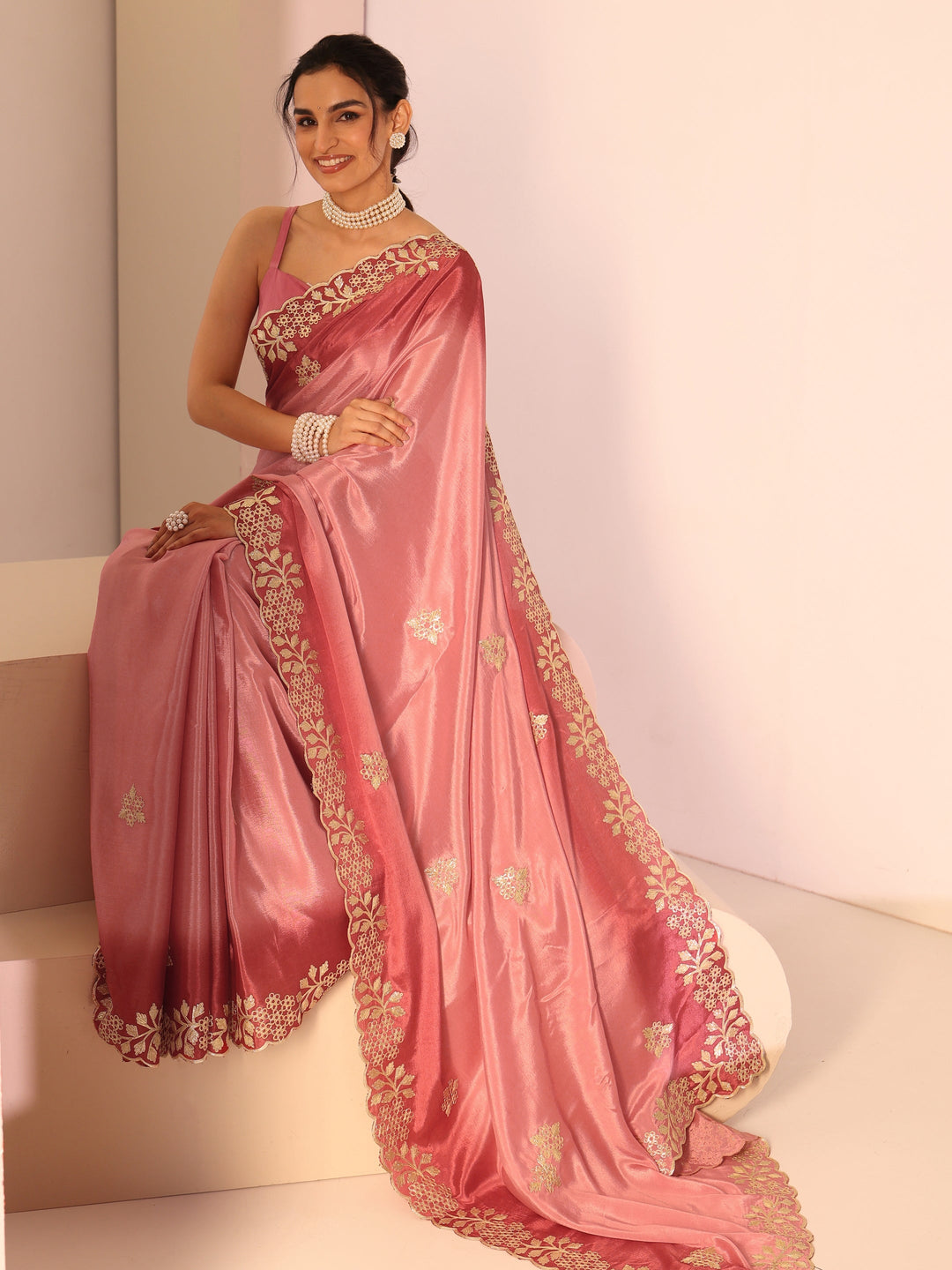  Libas Rose Pink Floral Embroidered Ombre Silk Blend Saree 