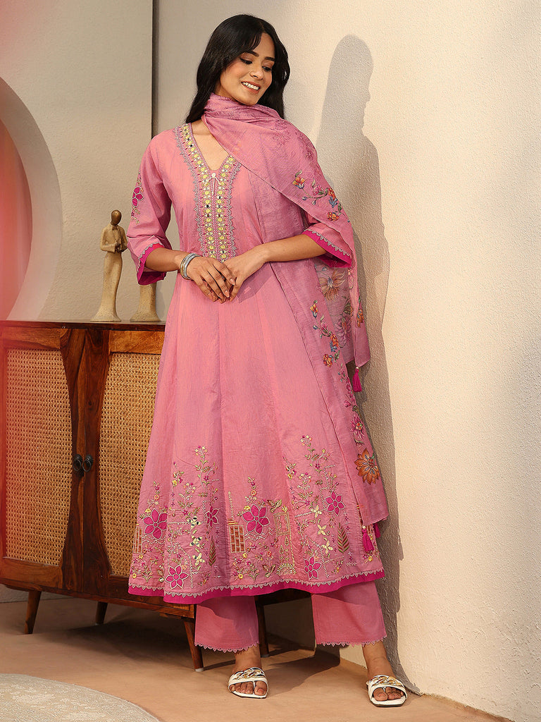Libas Rose Pink Floral Embroidered Silk Blend A-line Suit Set