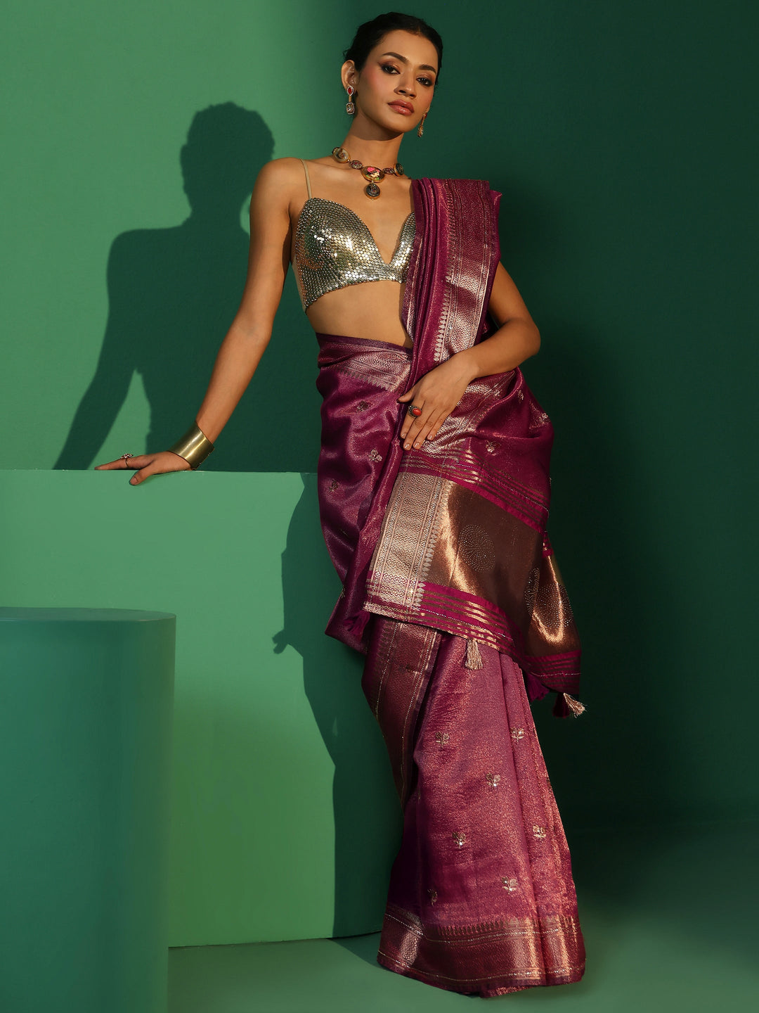  Libas Rose Pink Floral Embroidered Tissue Saree 