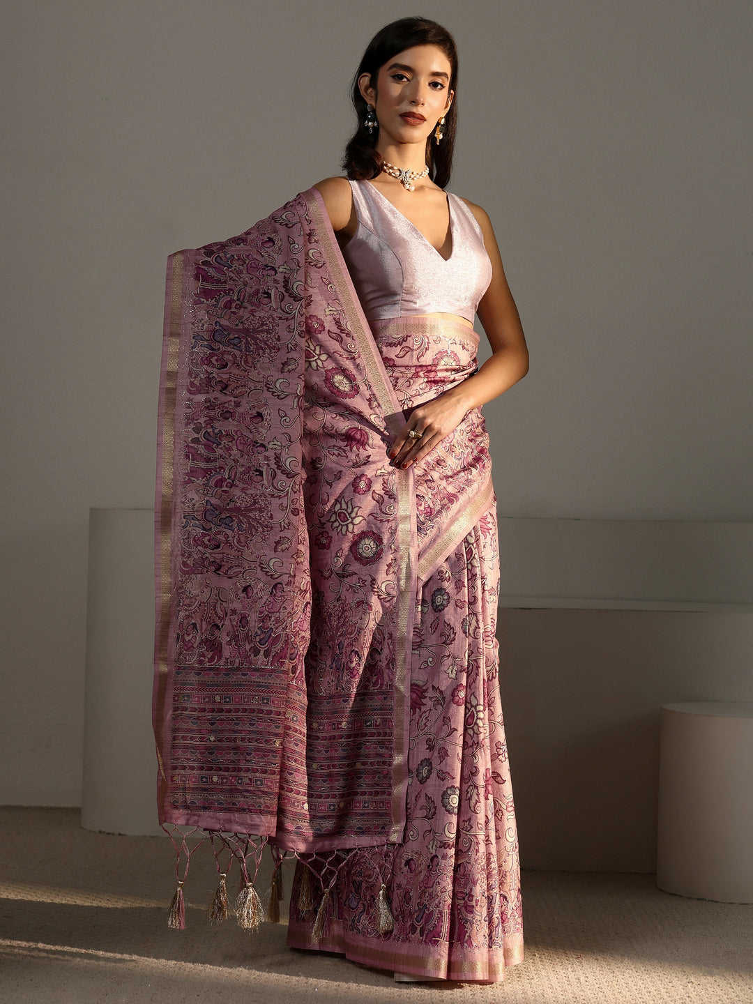 Libas Rose Pink Floral Printed Silk Blend Tassel Saree
