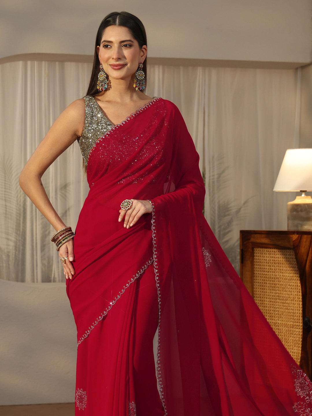  Libas Rose Red Floral Embellished Georgette Saree 