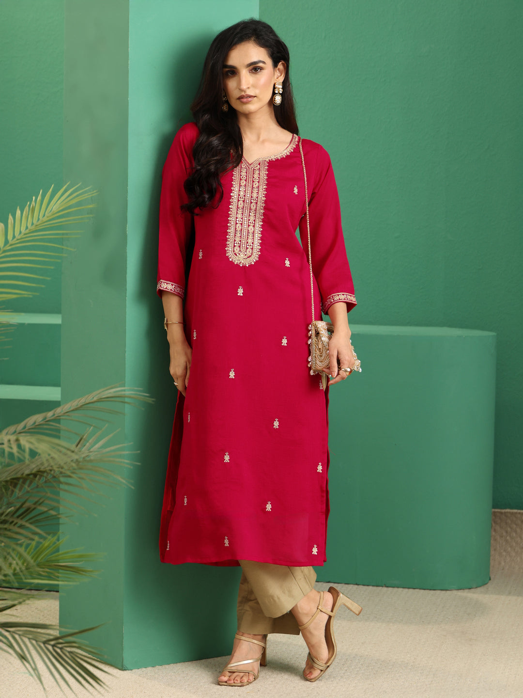  Libas Rose Red Yoke Embroidered Silk Blend Straight Kurta 