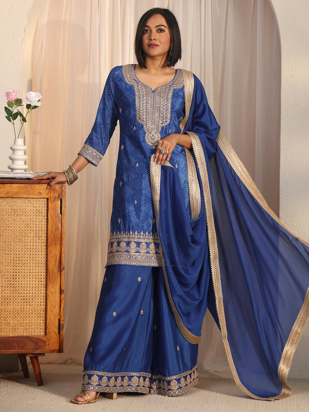  Libas Royal Blue Bandhani Printed Silk Blend Palazzo Suit Set 