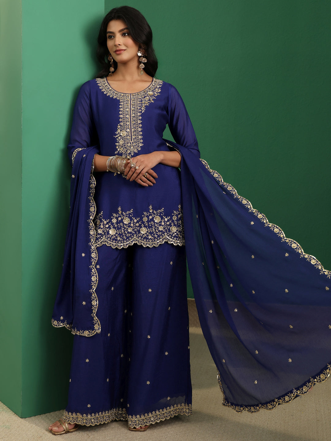  Libas Royal Blue Floral Embellished Chinon Palazzo Suit Set 