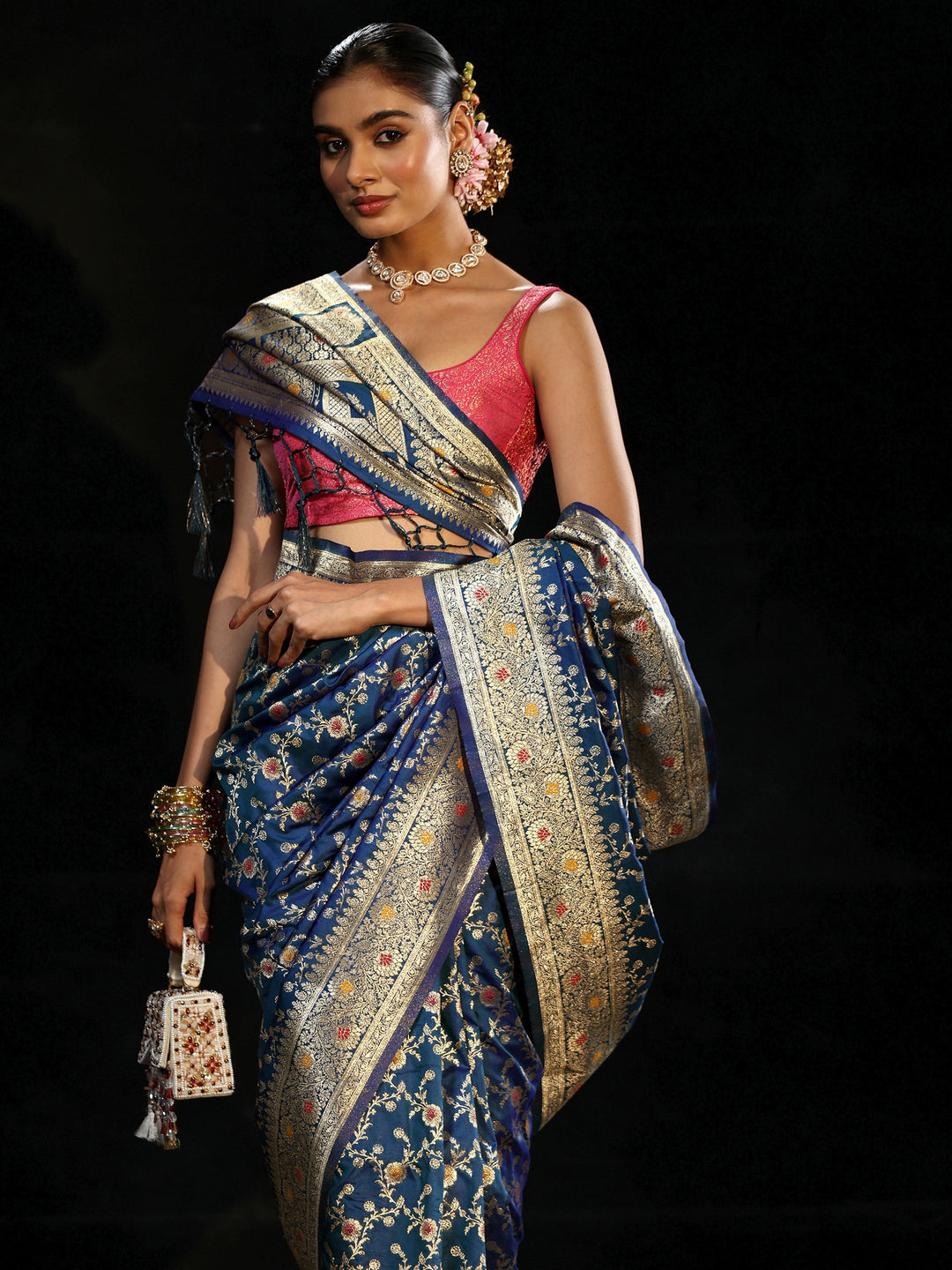  Libas Royal Blue Meenakari Banarasi Silk Blend Saree 