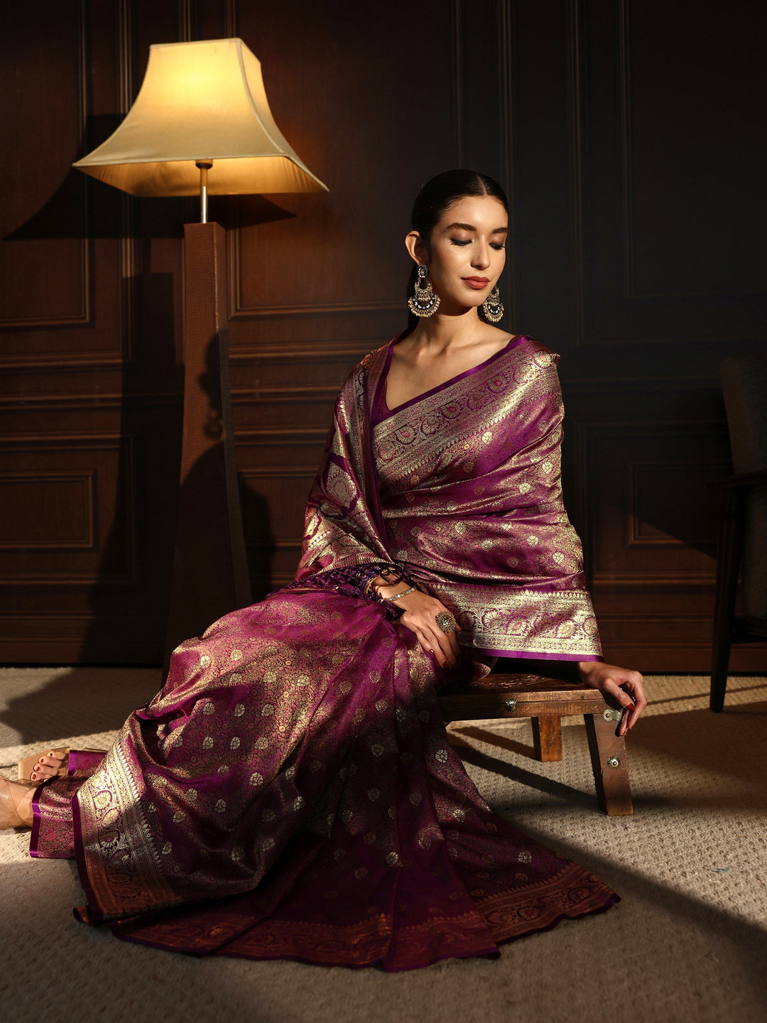 Libas Royal Purple Ethnic Brocade Tassel Saree