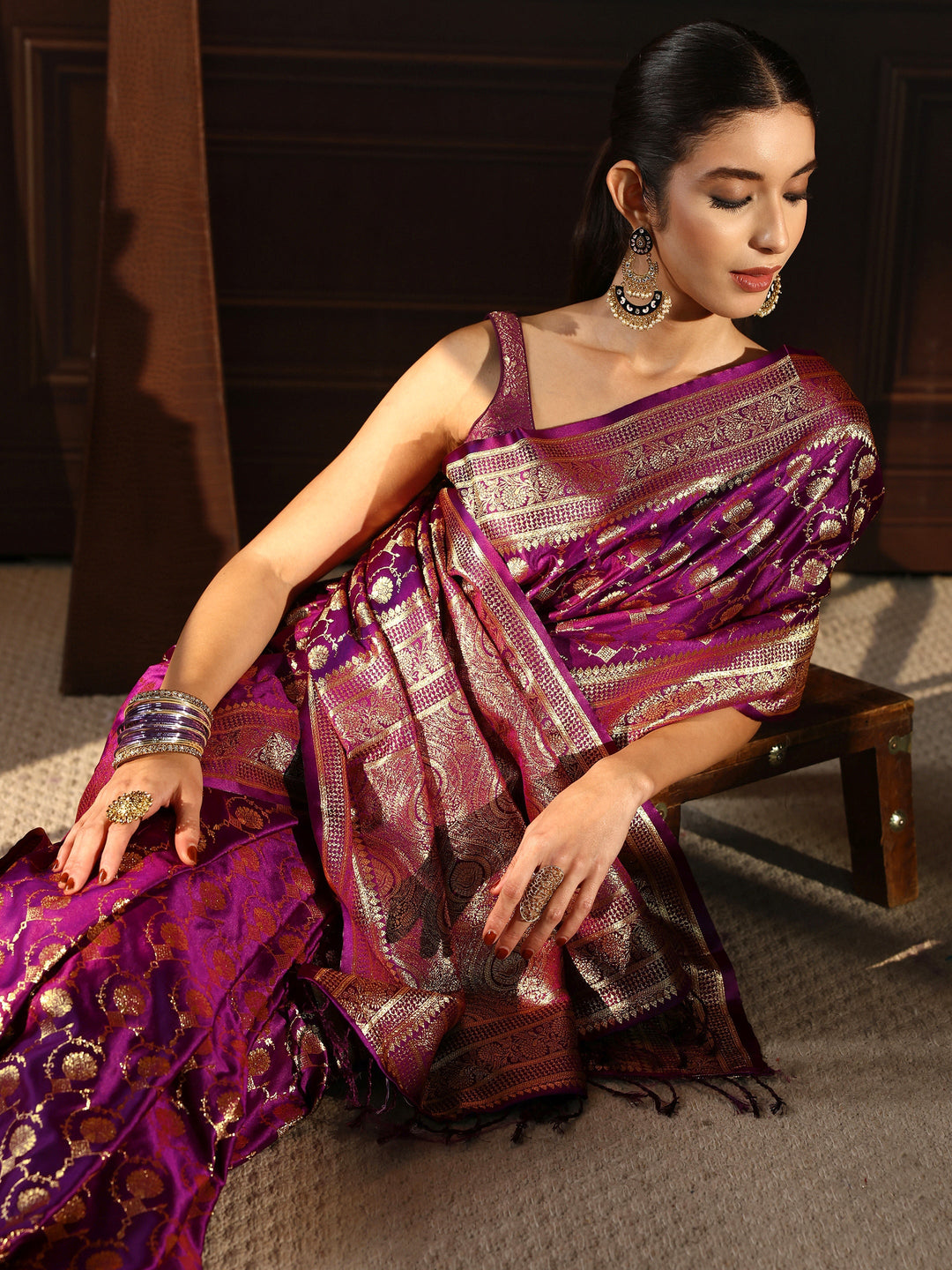  Libas Royal Purple Ethnic Woven Design Satin Tassel Saree 
