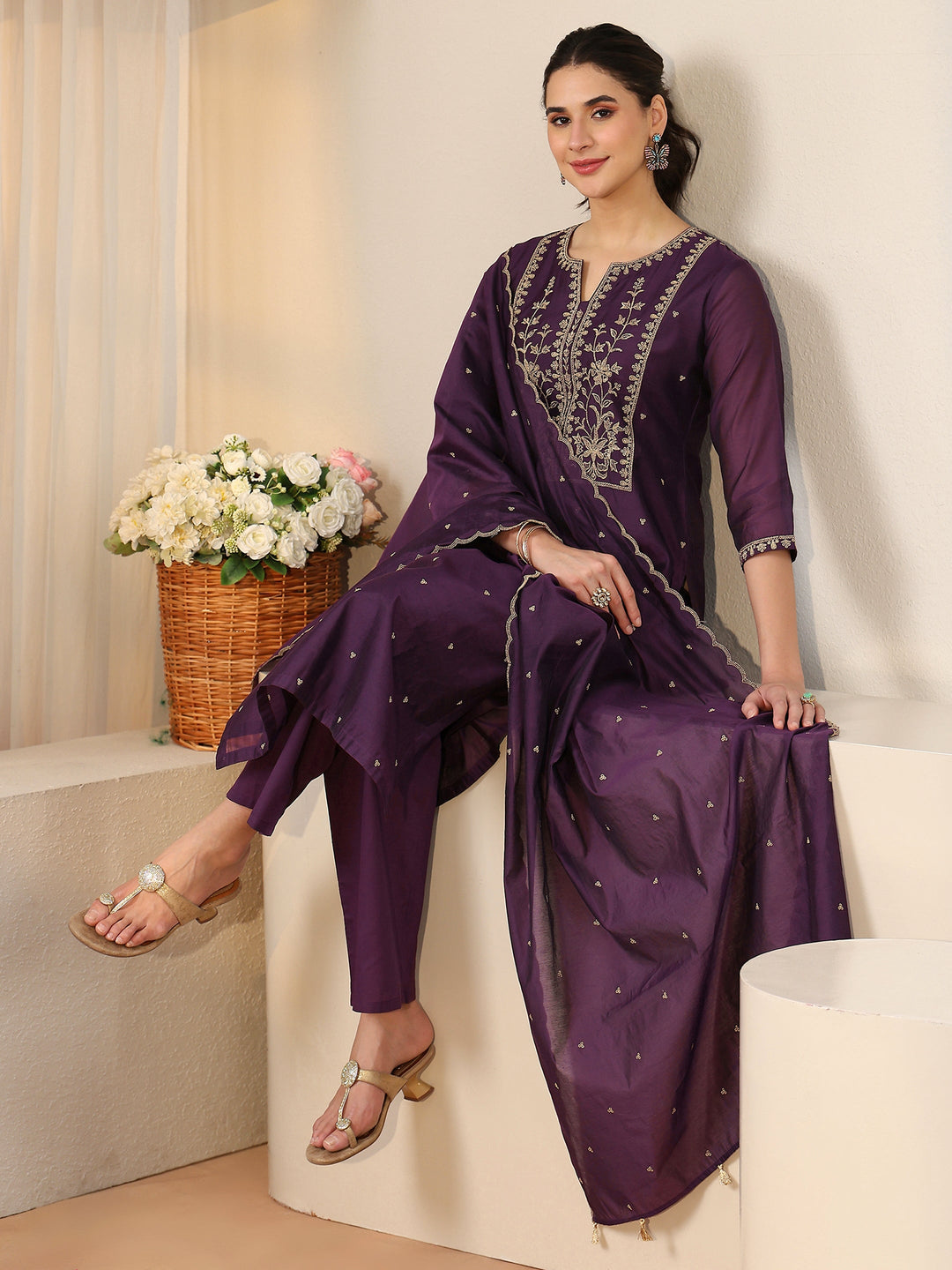  Libas Royal Purple Floral Embellished Chanderi Silk Straight Suit Set 