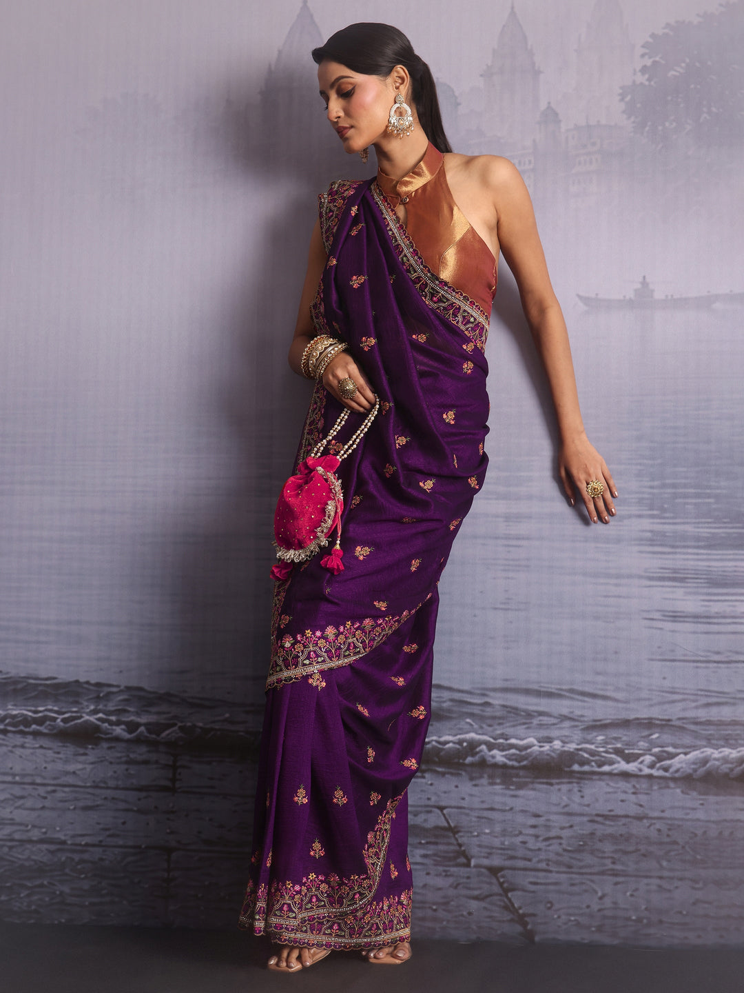  Libas Royal Purple Floral Embroidered Silk Blend Saree 