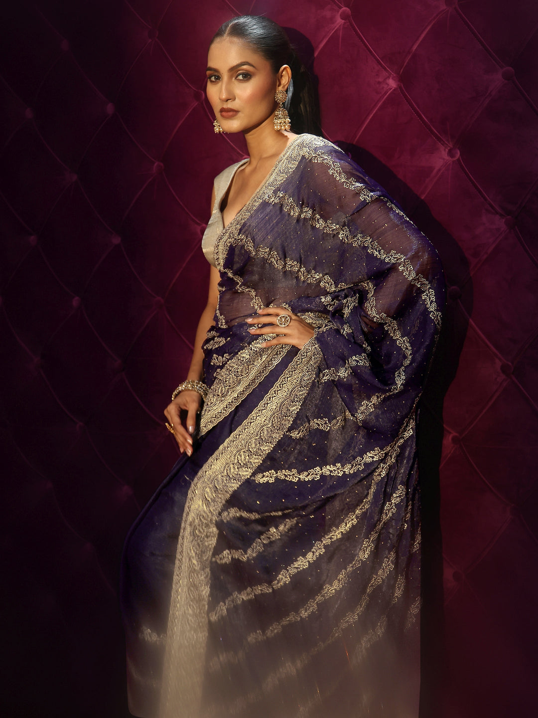 Libas Royal Purple Floral Embroidered Tissue Saree