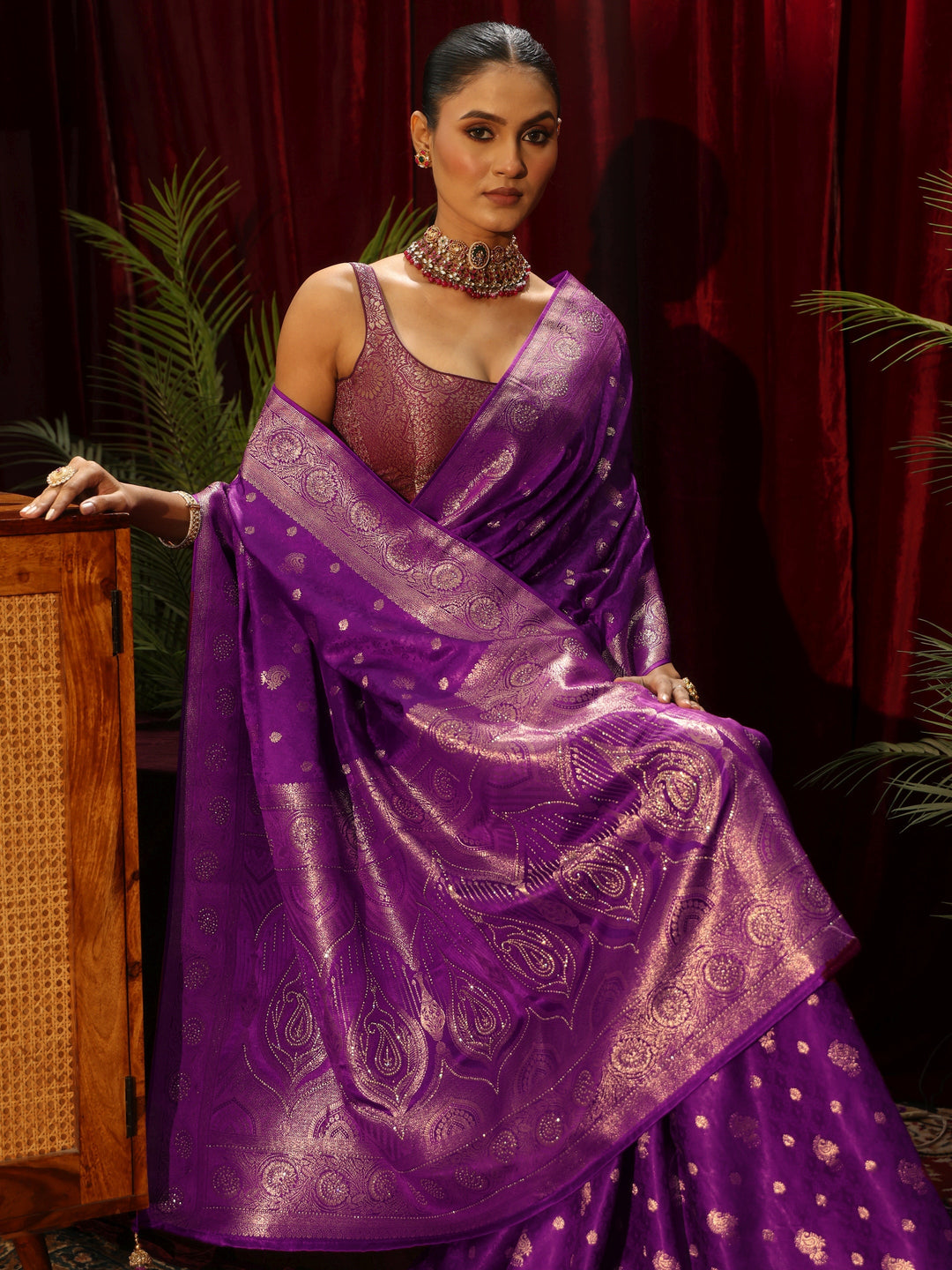 Libas Royal Purple Woven Design Silk Blend Saree