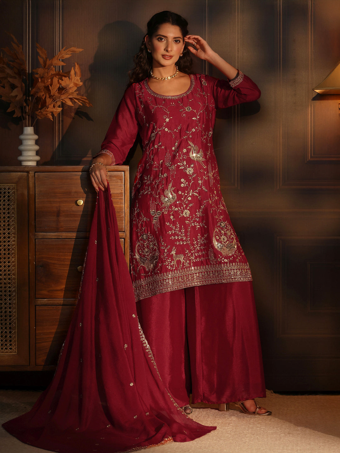  Libas Ruby Red Floral Embroidered Chinon Palazzo Suit Set 