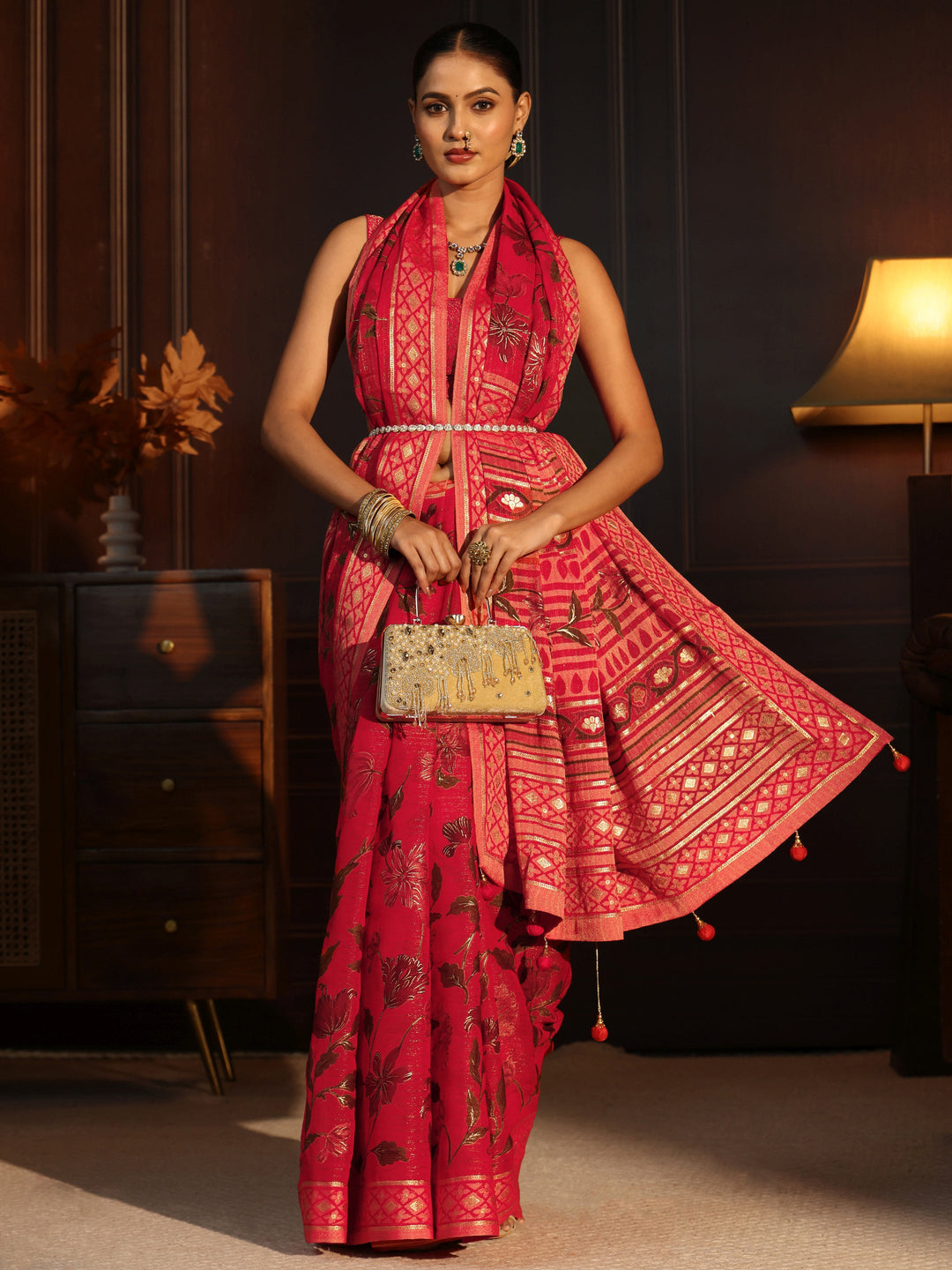 Libas Ruby Red Floral Printed Silk Blend Saree