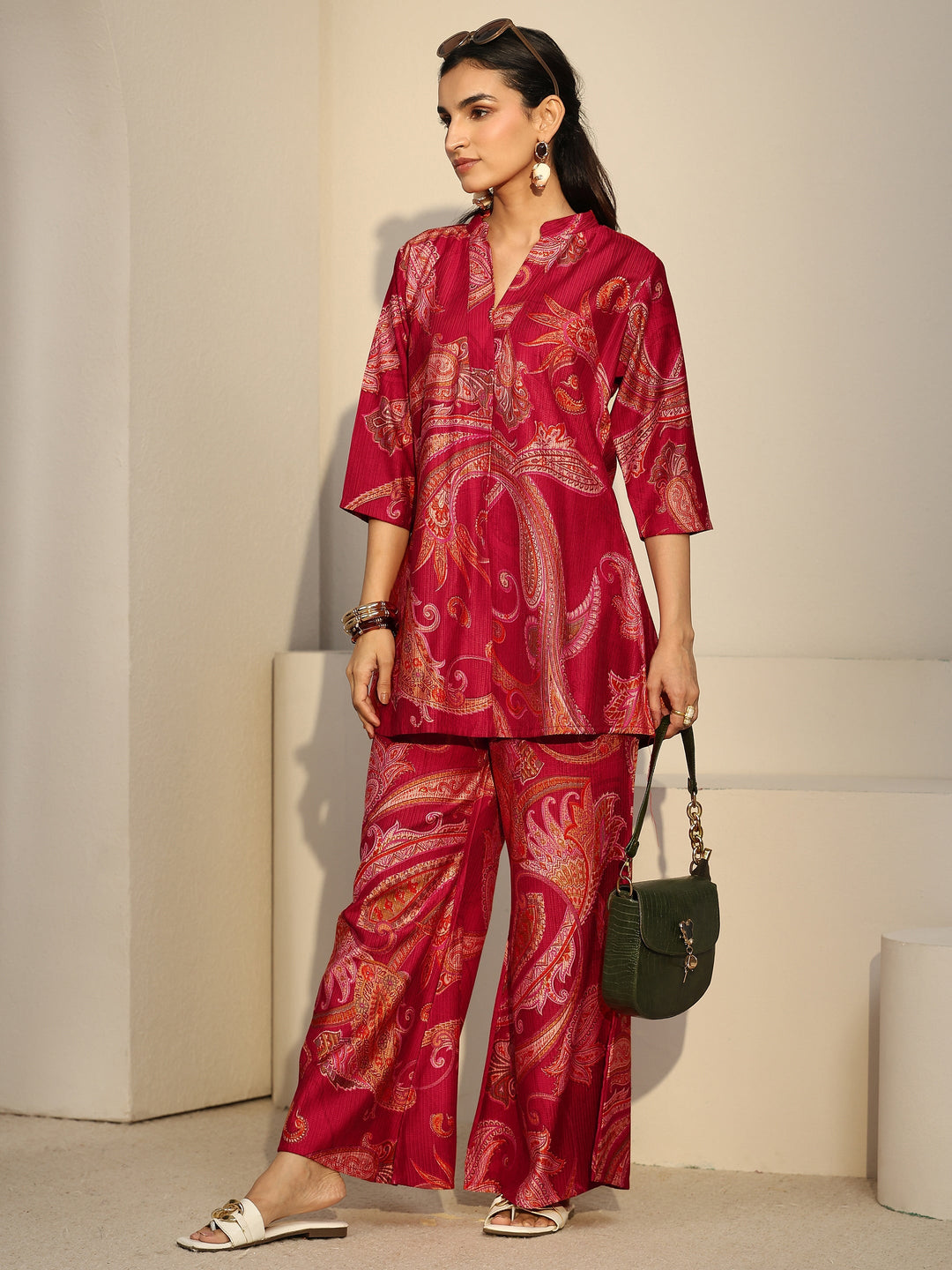  Libas Ruby Red Paisley Printed Silk Blend Co-Ord Set 