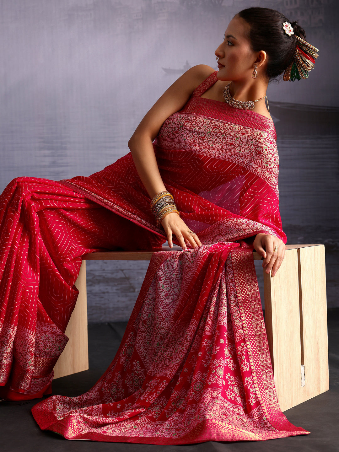  Libas Ruby Red Printed Georgette Saree with Floral Border 