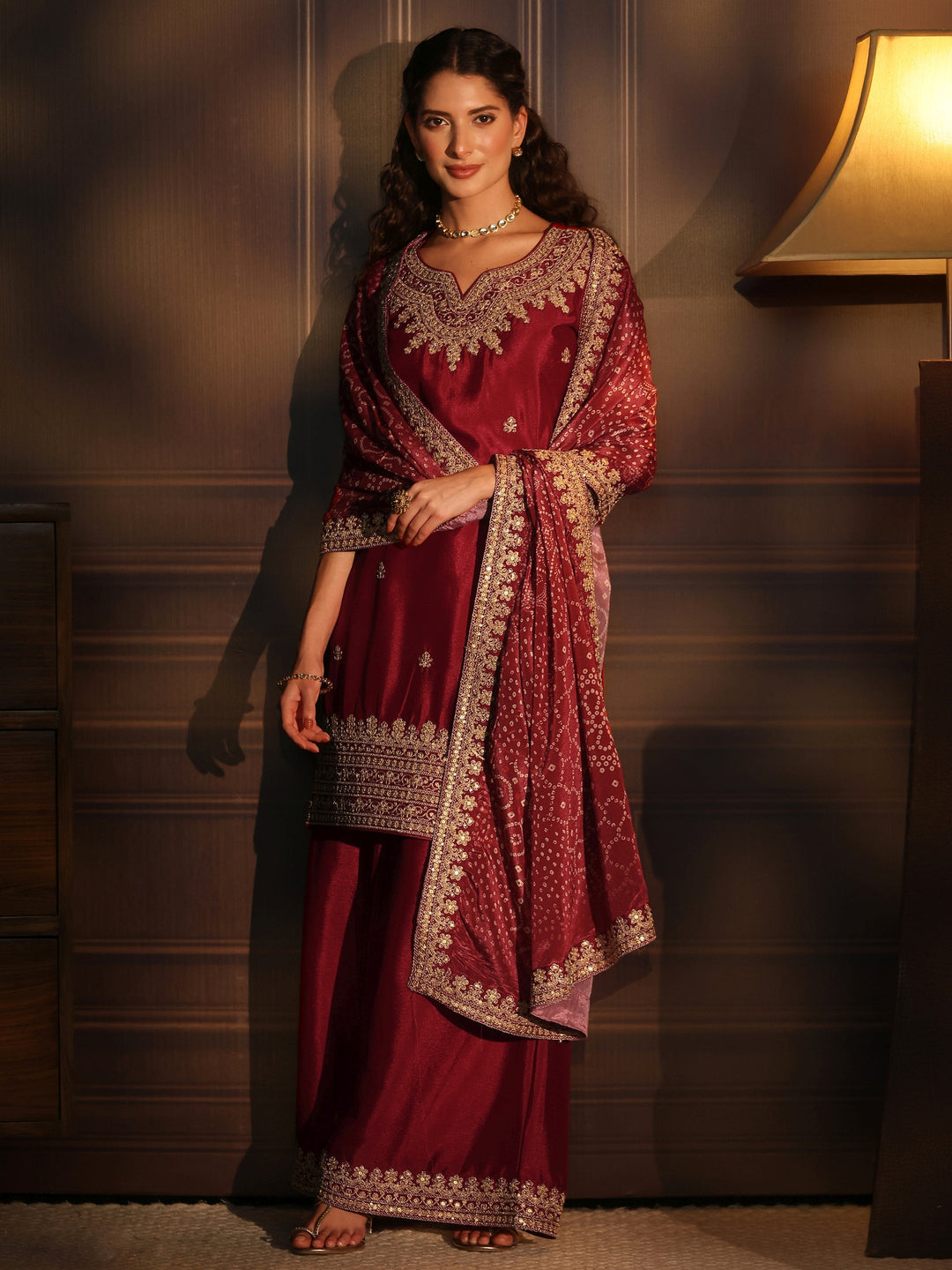  Libas Ruby Red Sequin Embellished Chinon Palazzo Suit Set 