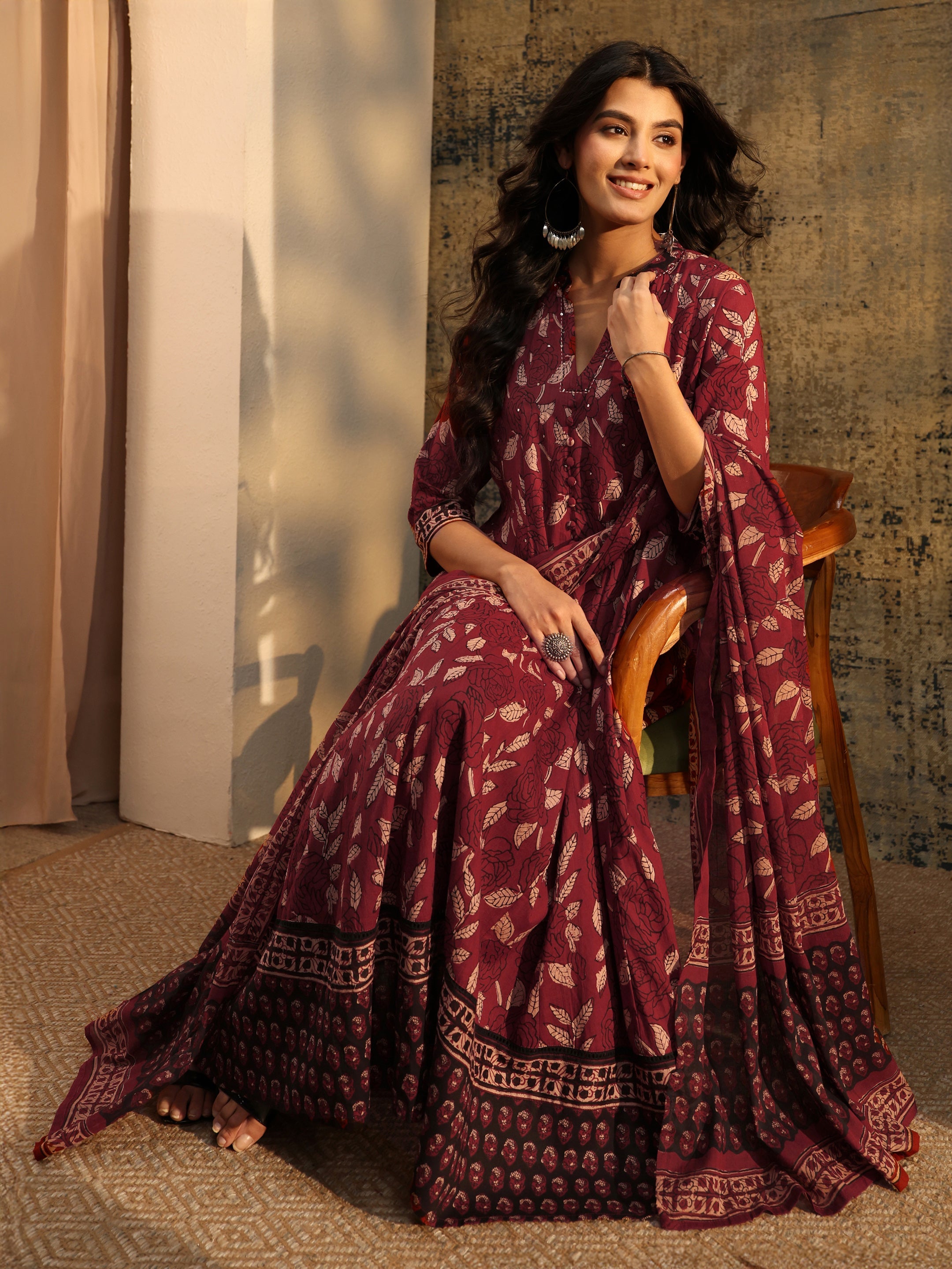 Libas Rust Ajrakh Printed Cotton Anarkali Suit Set-picture-60