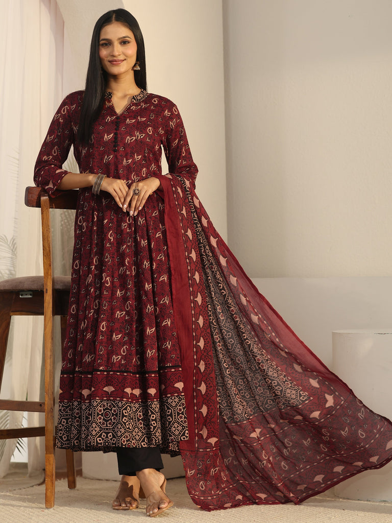 Libas Rust Brown Ajrakh Printed Cotton Anarkali Suit Set