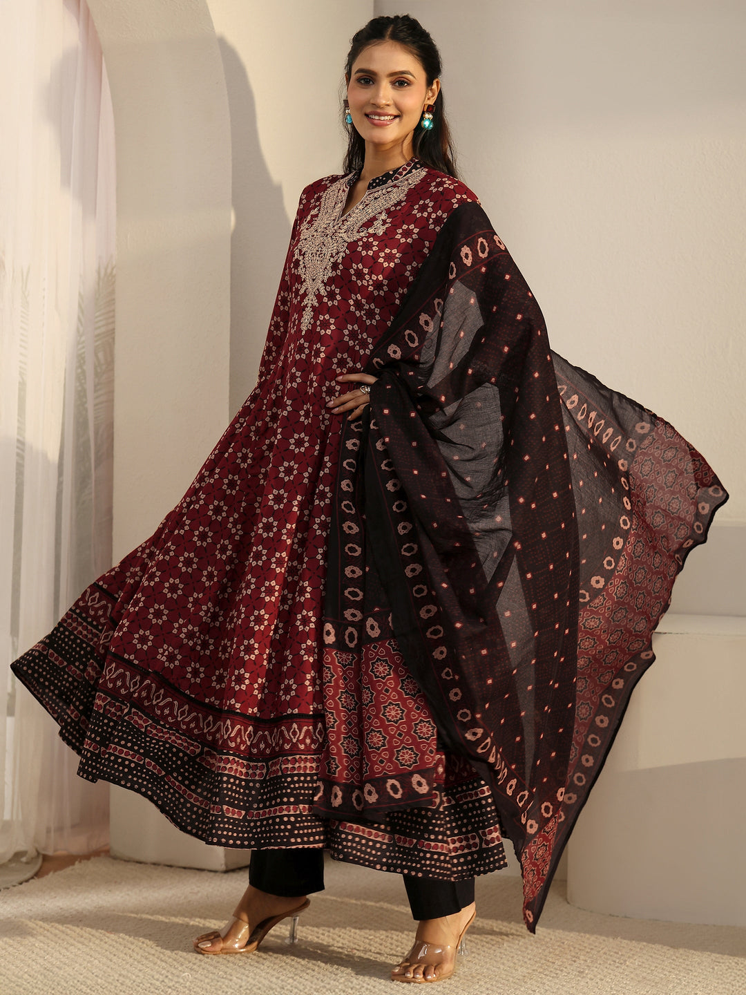  Libas Rust Brown Ajrakh Yoke Embroidered Cotton Anarkali Suit Set 