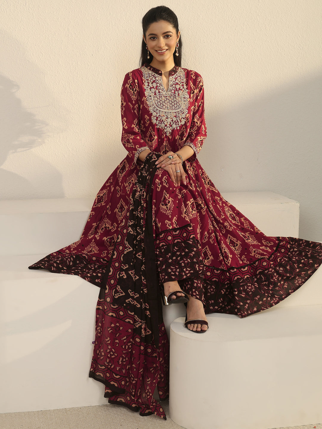  Libas Rust Brown Ajrakh Yoke Embroidered Cotton Anarkali Suit Set 