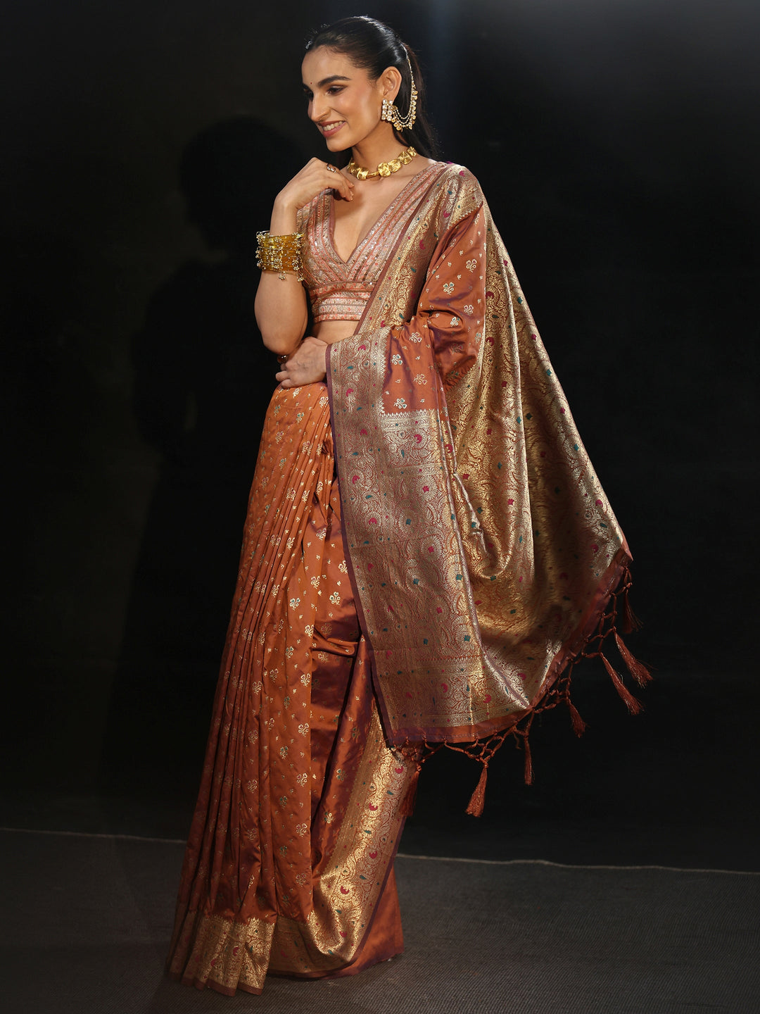  Libas Rust Brown Banarasi Silk Blend Saree 