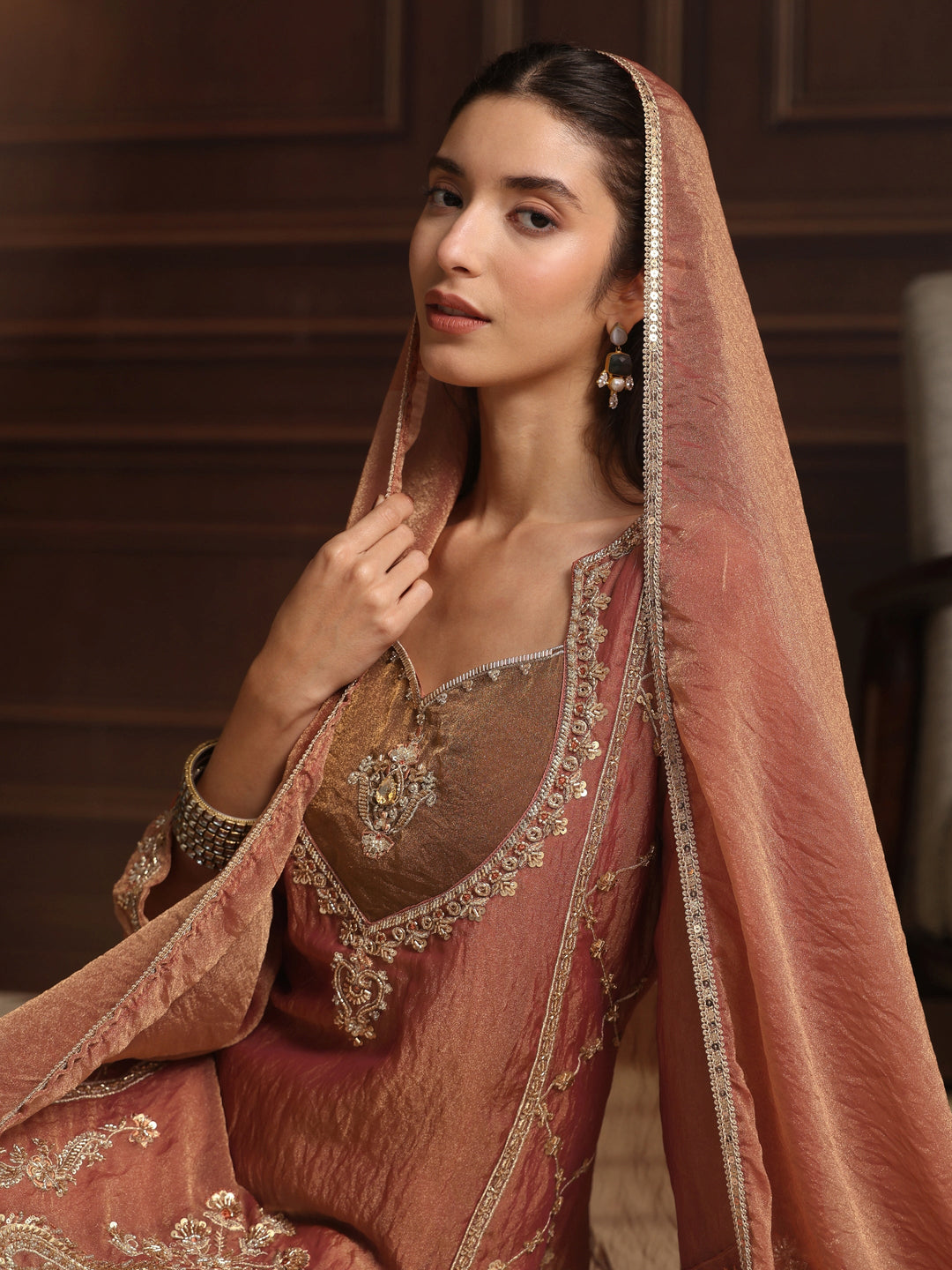 Libas  Rust Brown Embellished Tissue Palazzo Suit Set 