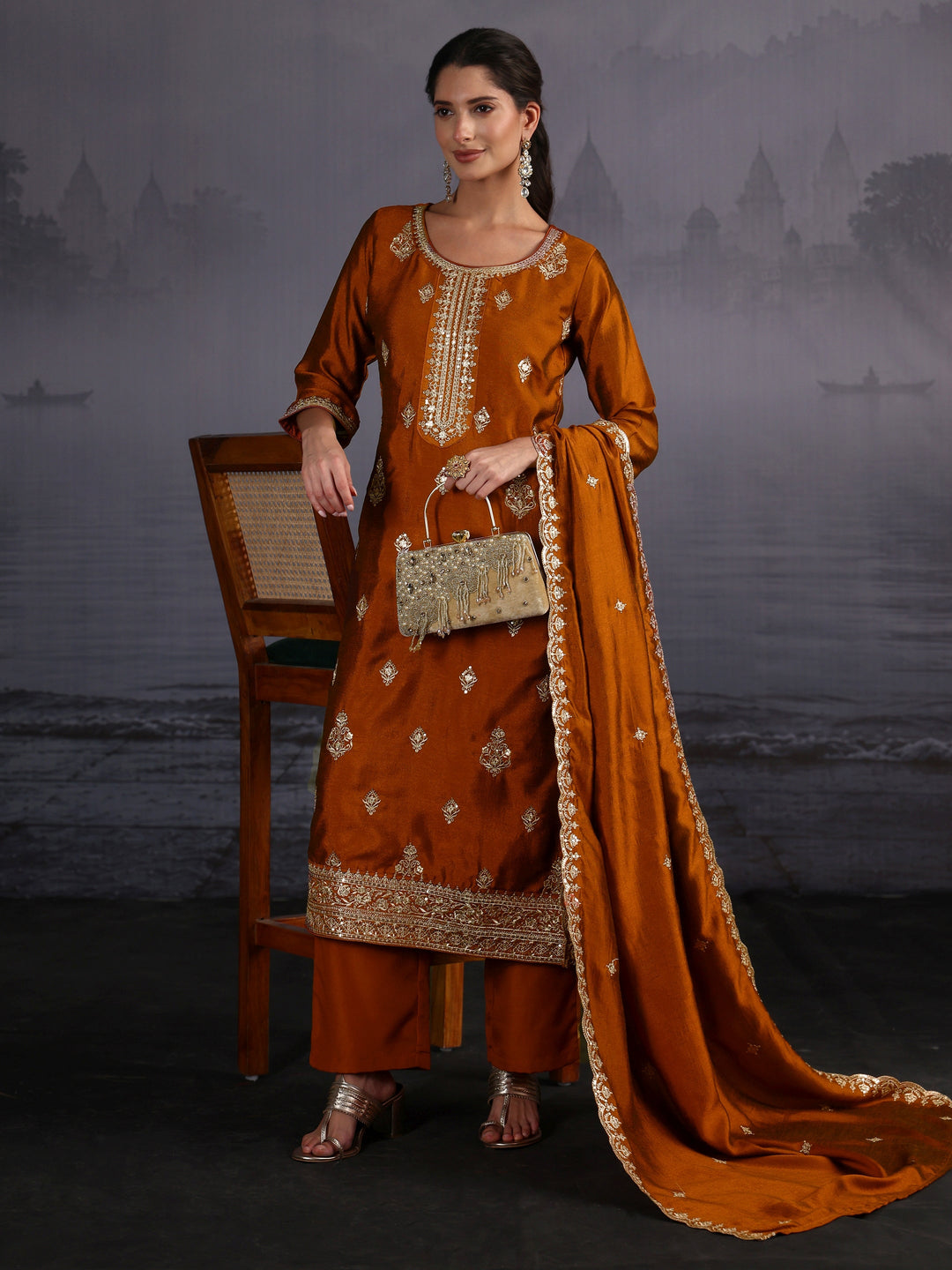 Libas Rust Brown Embroidered Silk Blend Straight Suit Set