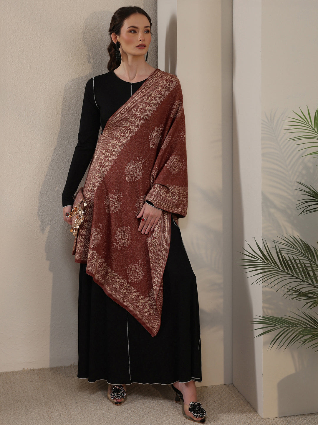  Libas Rust Brown Ethnic Embroidered Acrylic Wrap Shawl 