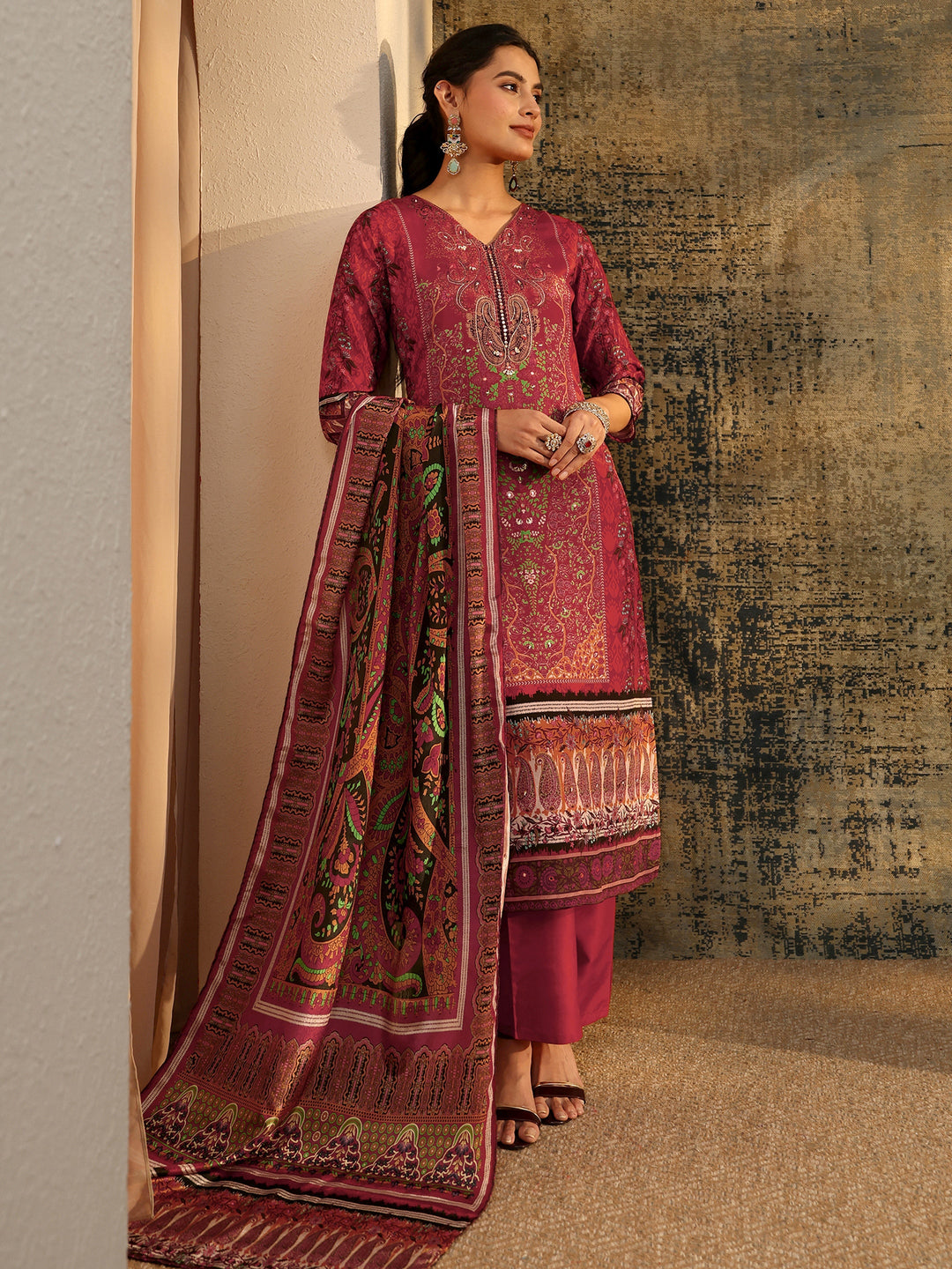  Libas Rust Brown Ethnic Print Chinon Straight Suit Set 