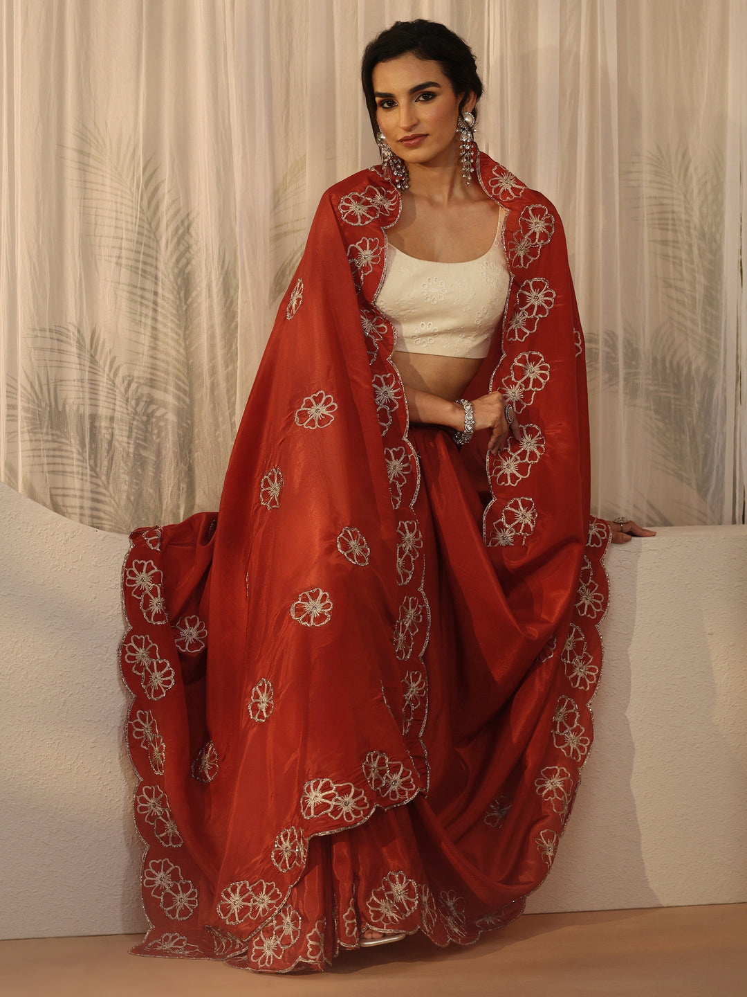  Libas Rust Brown Floral Embellished Satin Saree with Scalloped Border 