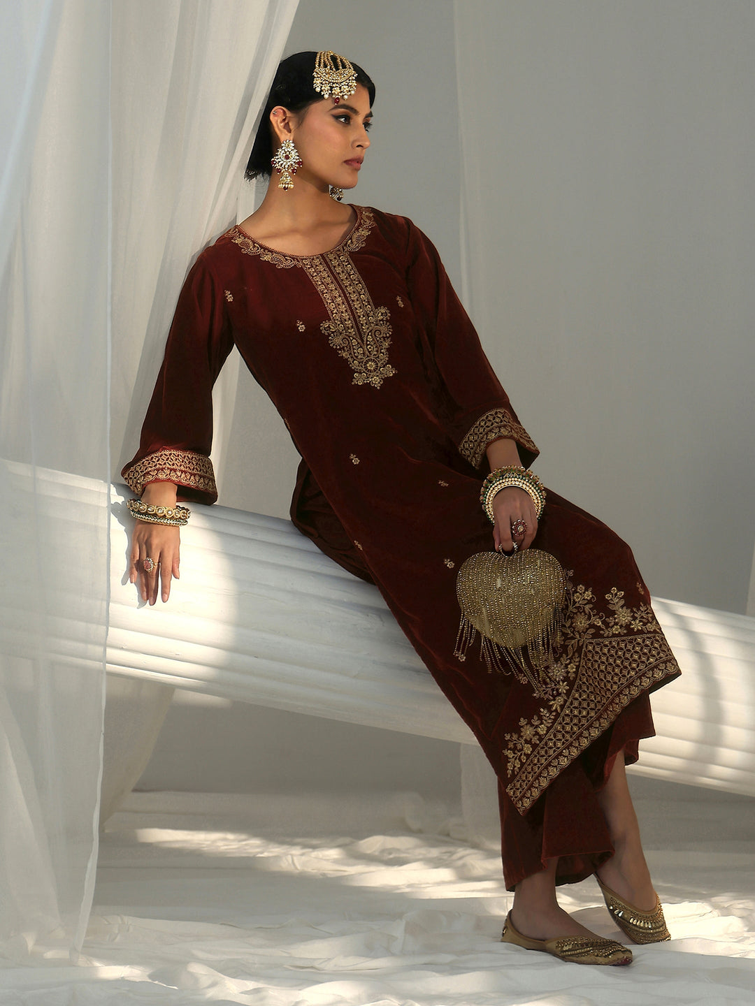  Libas Rust Brown Floral Embroidered Velvet Straight Suit Set 
