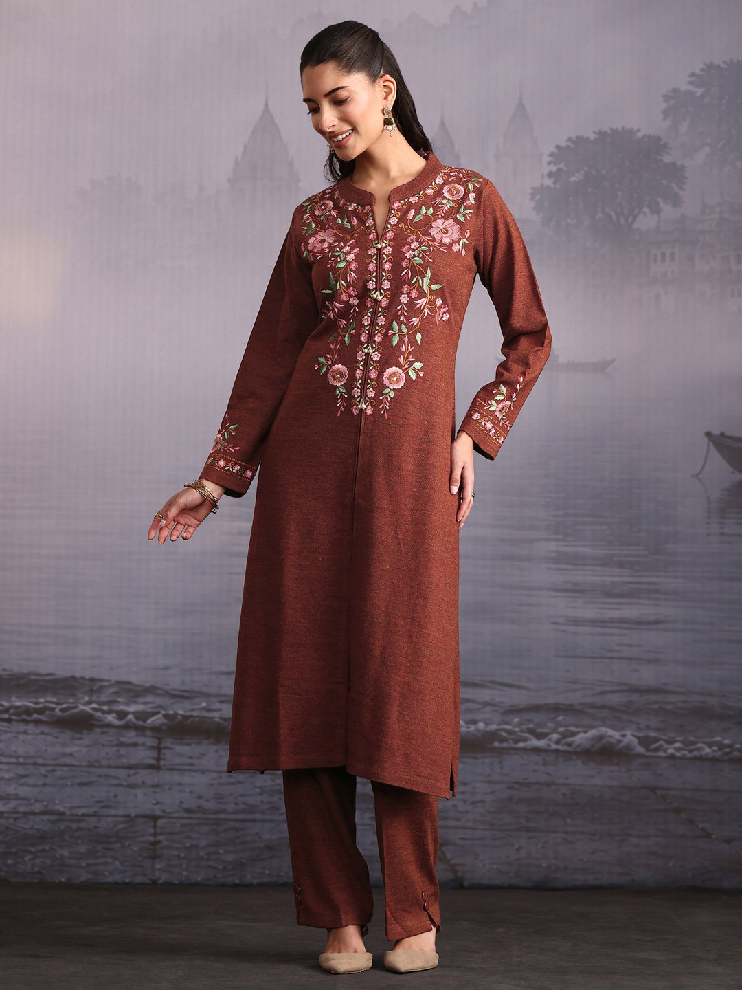 Libas Rust Brown Floral Embroidered Woolen Straight Kurta