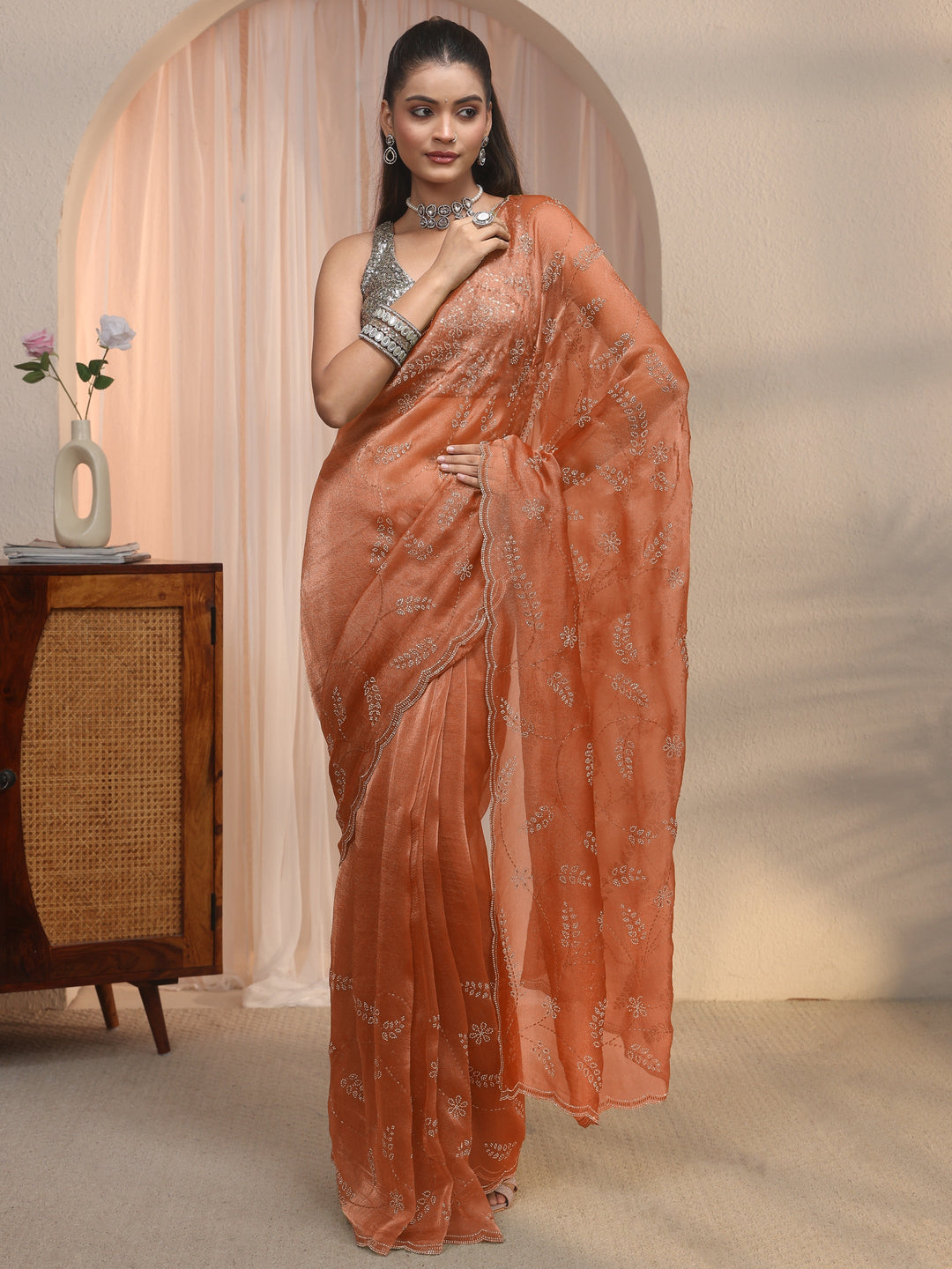  Libas Rust Brown Leafy Stone Work Embellished Tissue Saree 