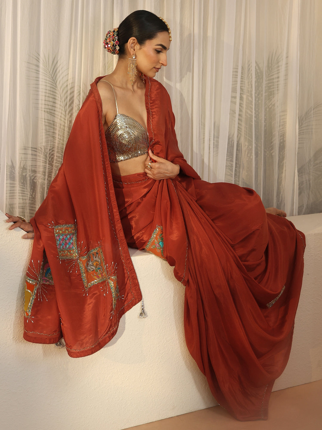  Libas Rust Brown Satin Saree with Applique Design 