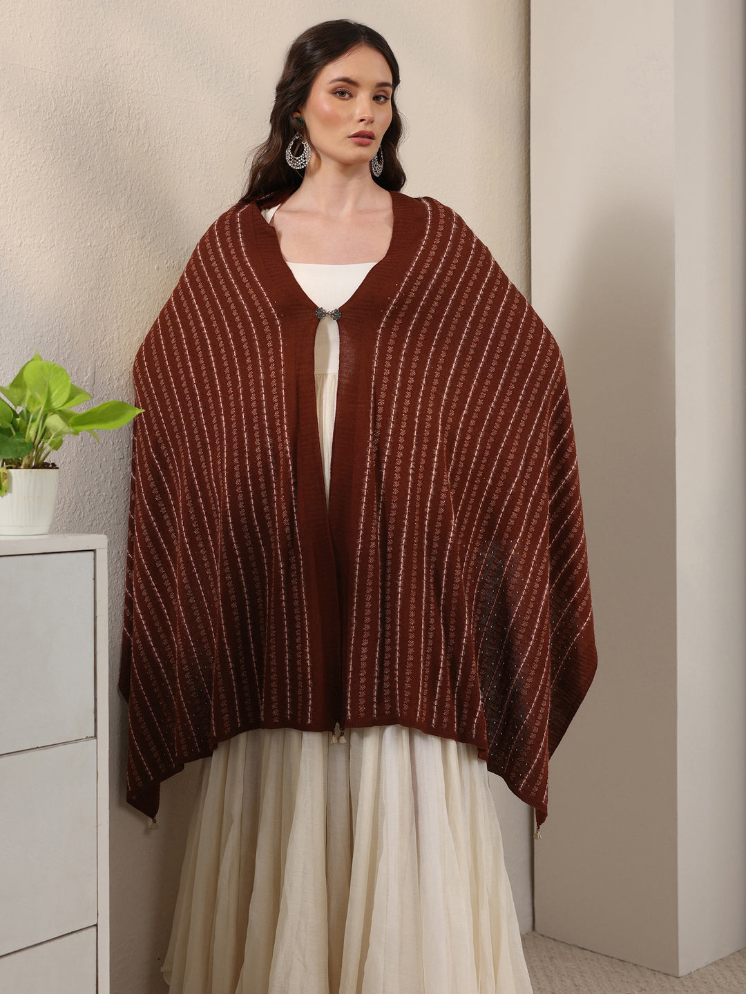  Libas Rust Brown Striped Embroidered Acrylic Wrap Shawl 