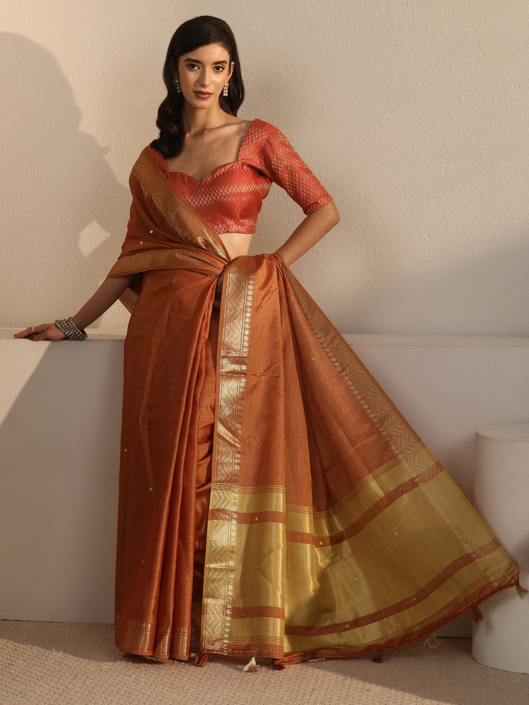 Libas Rust Brown Woven Design Silk Blend Saree