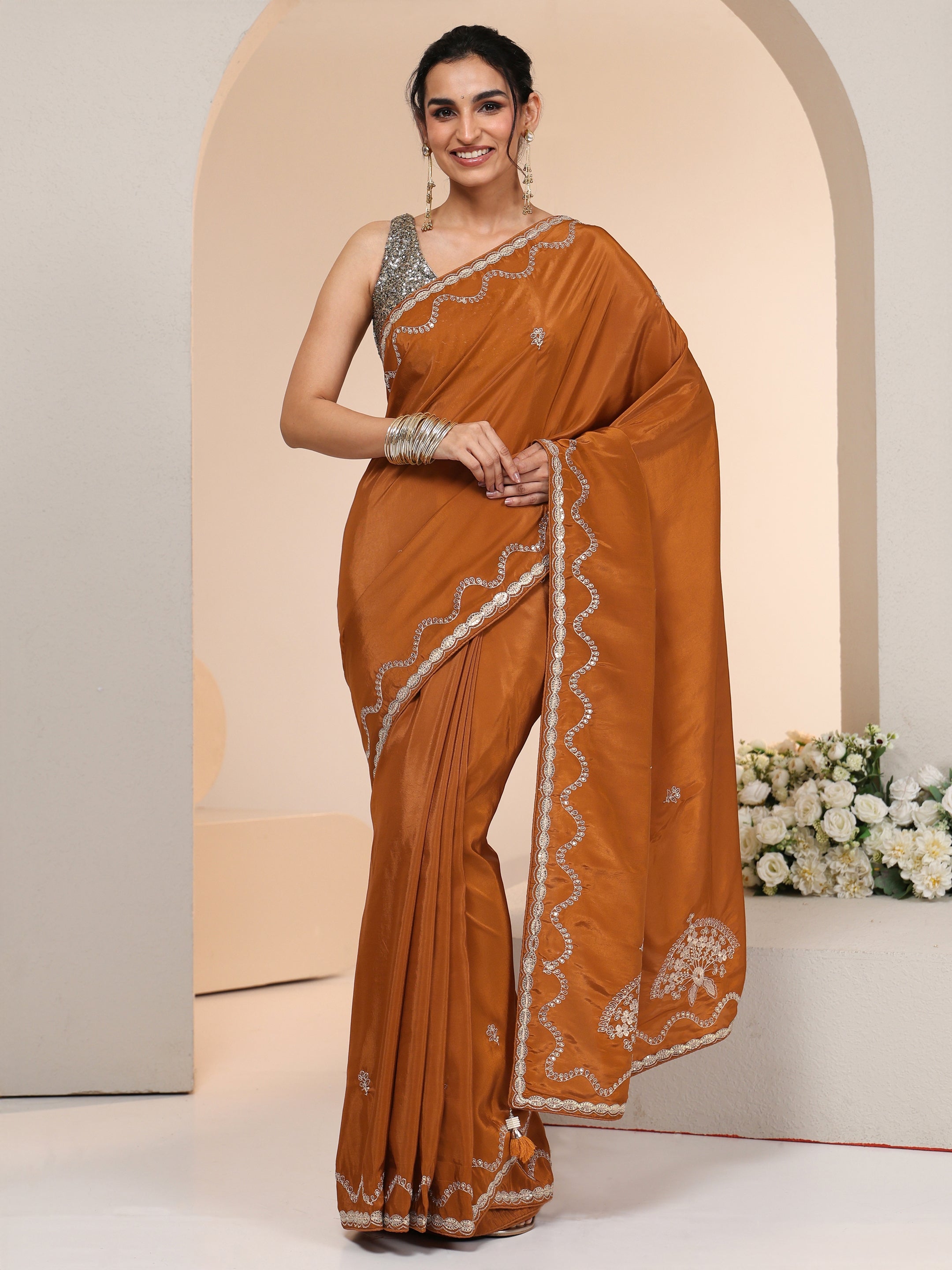 Libas Rust Embroidered Silk Blend Saree-picture-47