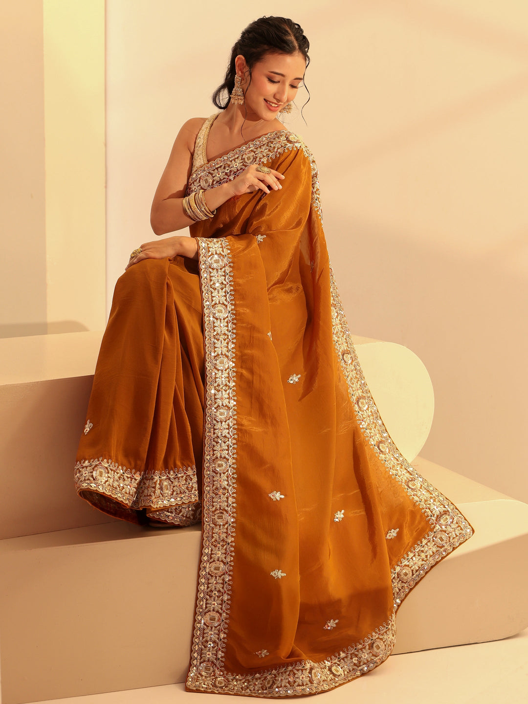  Libas Rust Embroidered Silk Blend Saree 