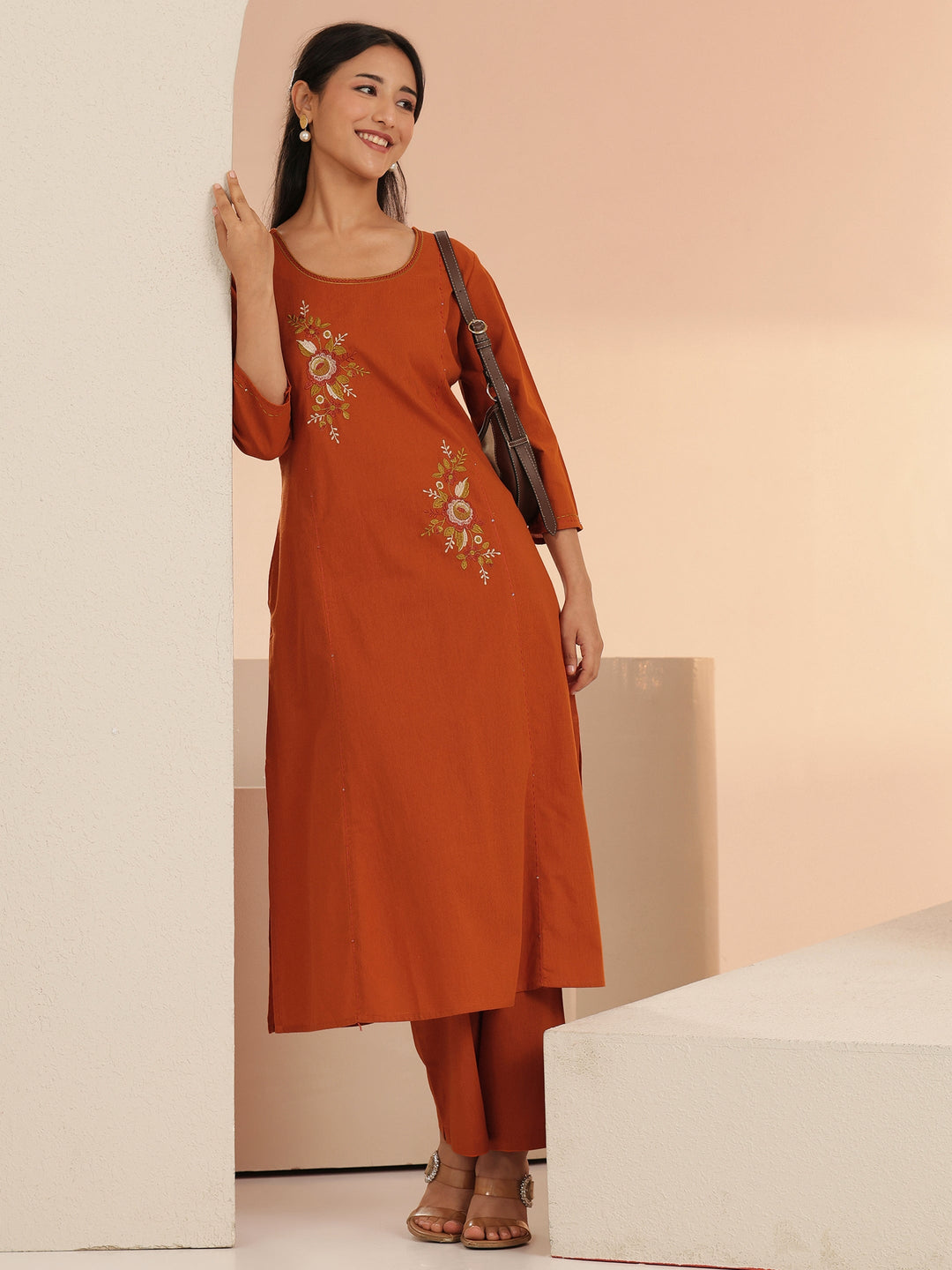  Libas Rust Floral Embroidered Cotton Co-Ord Set 