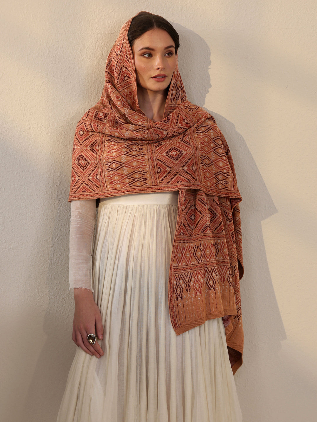  Libas Rust Geometric Knitted Acrylic Shawl 